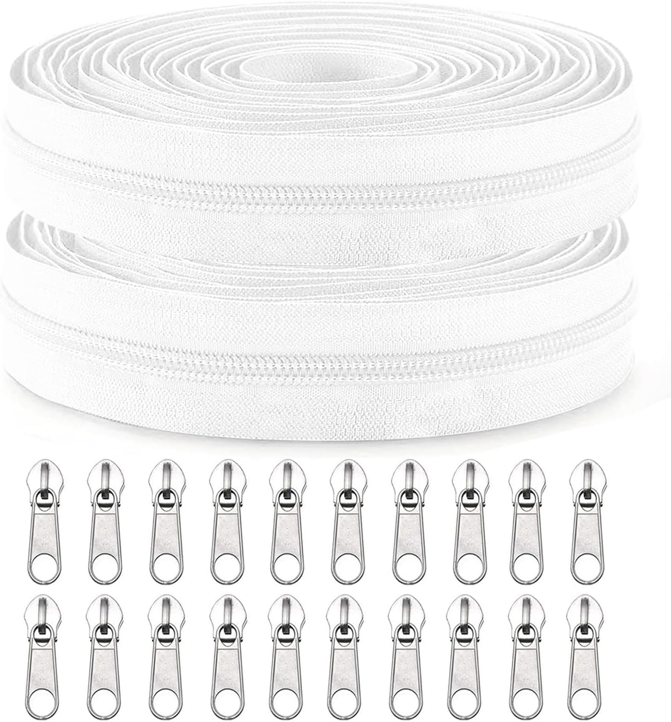 Sawoake 10 Yards Bulk #3 Weißer Nylon-Spule-Reißverschluss mit 20 Stück Schieber, Ersatznähreißverschluss für DIY-Handwerk, Taschen, Kleidung, Heimdekor