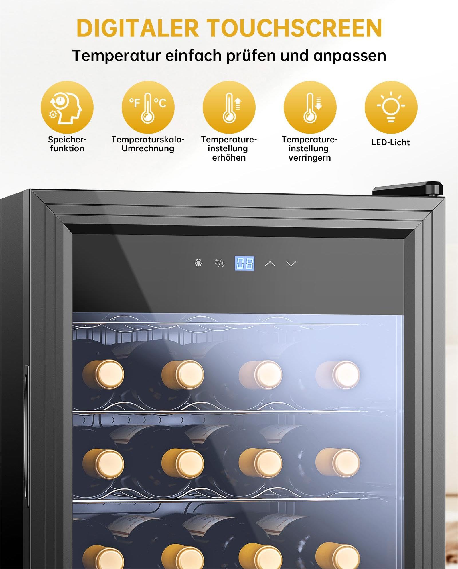 WIE Weinkühlschrank 82 Liter 28 Flaschen Compressor Glastür LED Touchpanel Anti-UV 5-18°C