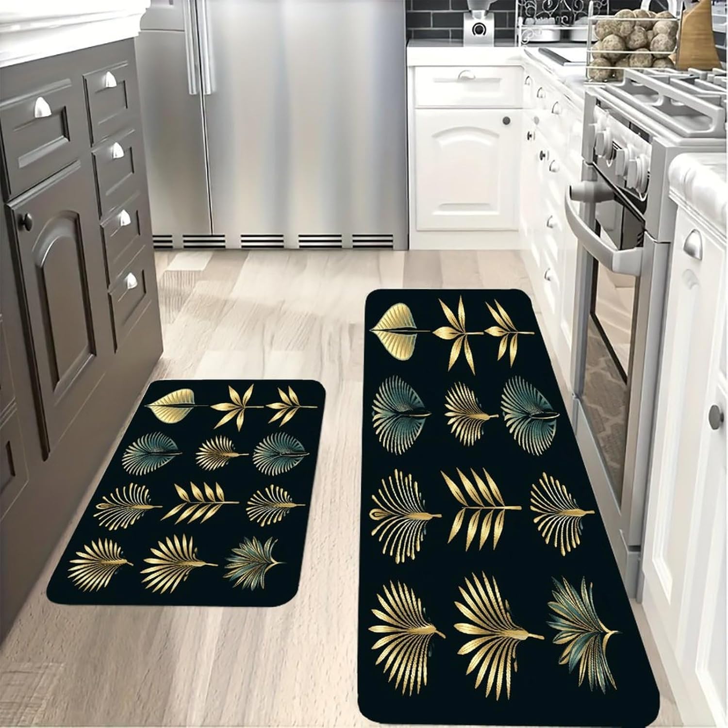 Golden Palm Leaves Kitchen Mats with 2PCS Non-Slip Washable,Kitchen Rug Heavy Duty Durable, Floor Mats for Kitchen,Office,Sink,Laundry