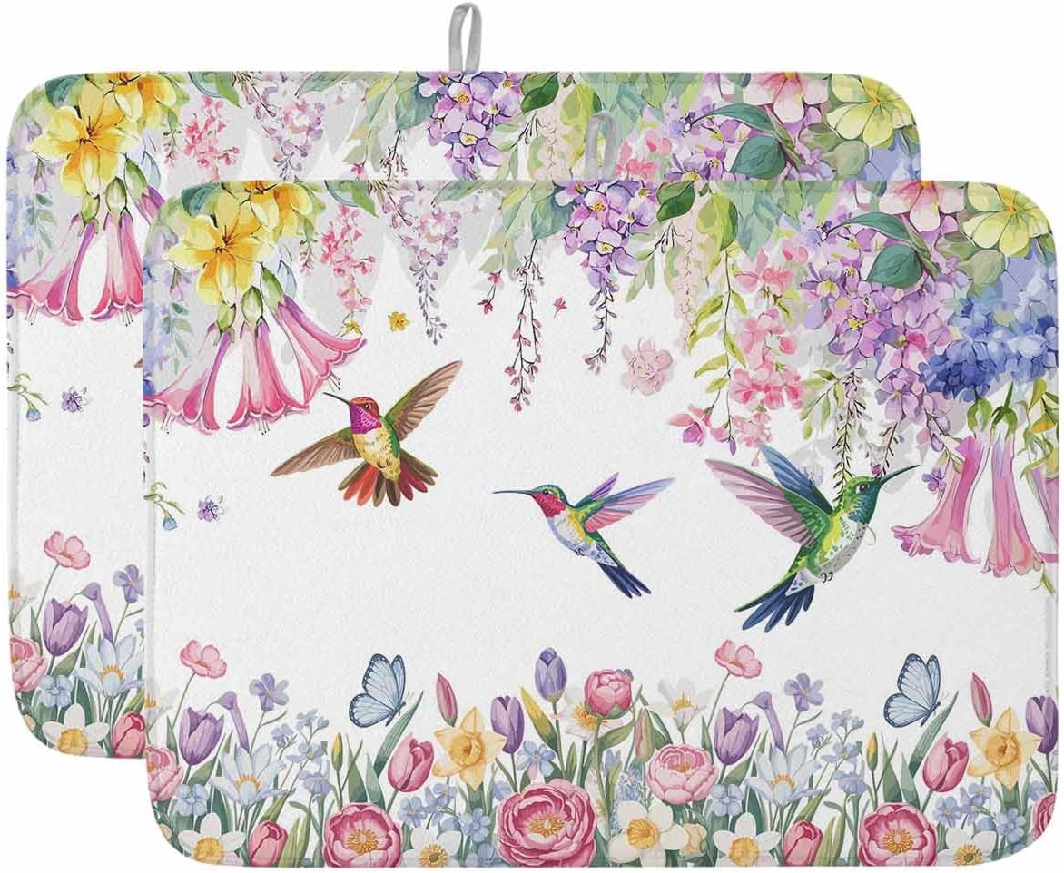 Dish Drying Mat 18 x 24 Inch, Watercolor Flowers Absorbent Microfiber Coffee Mats for Kitchen Spring Hummingbird Butterflly Floral Quick Drying Dish Drainer Pad 2 Pack