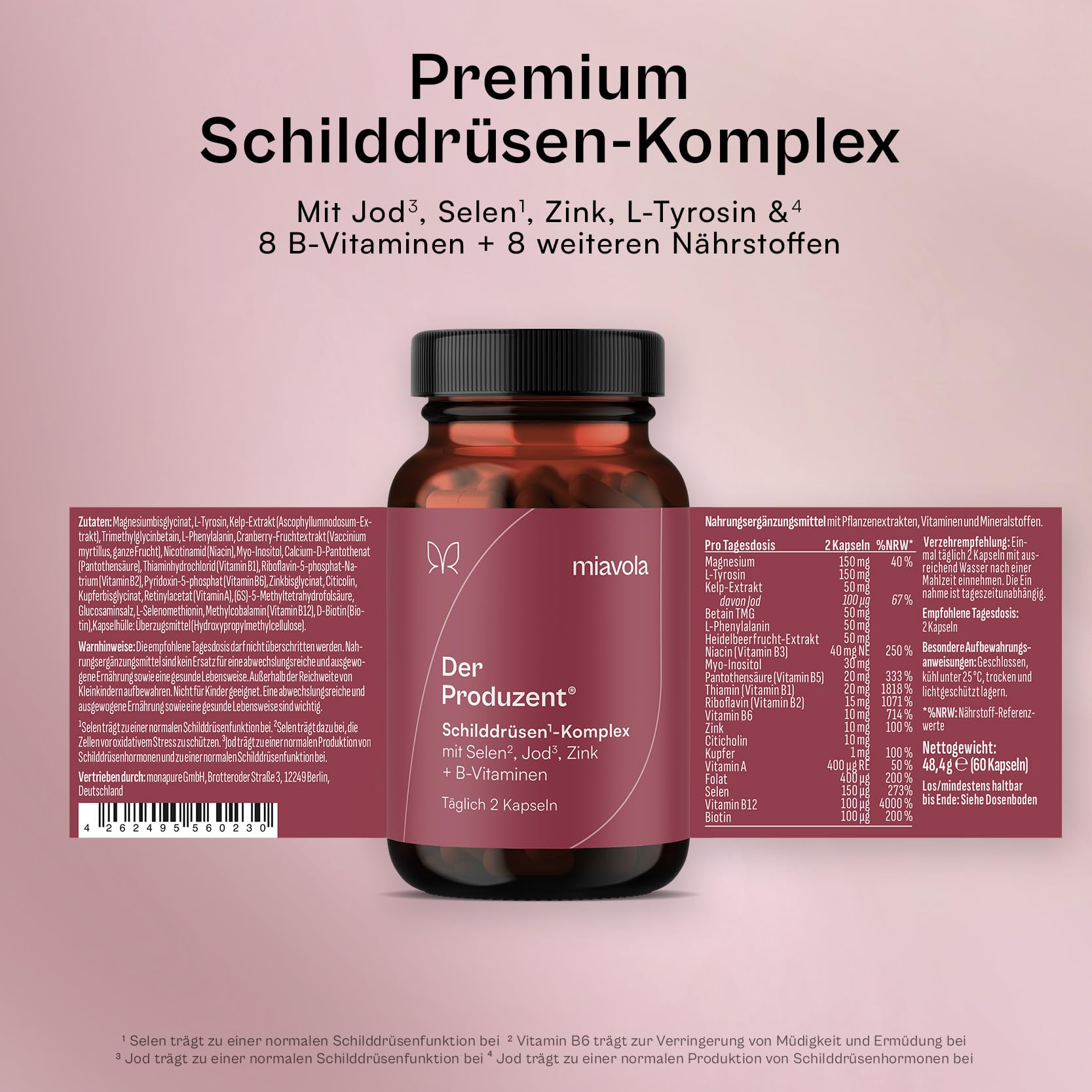 miavola® der Produzent® Schilddrüsen-Komplex mit L-Tyrosin, Jod, Selen, Zink & 8 B-Vitaminen + Cofaktoren - 60 Kapseln hochdosiert & vegan