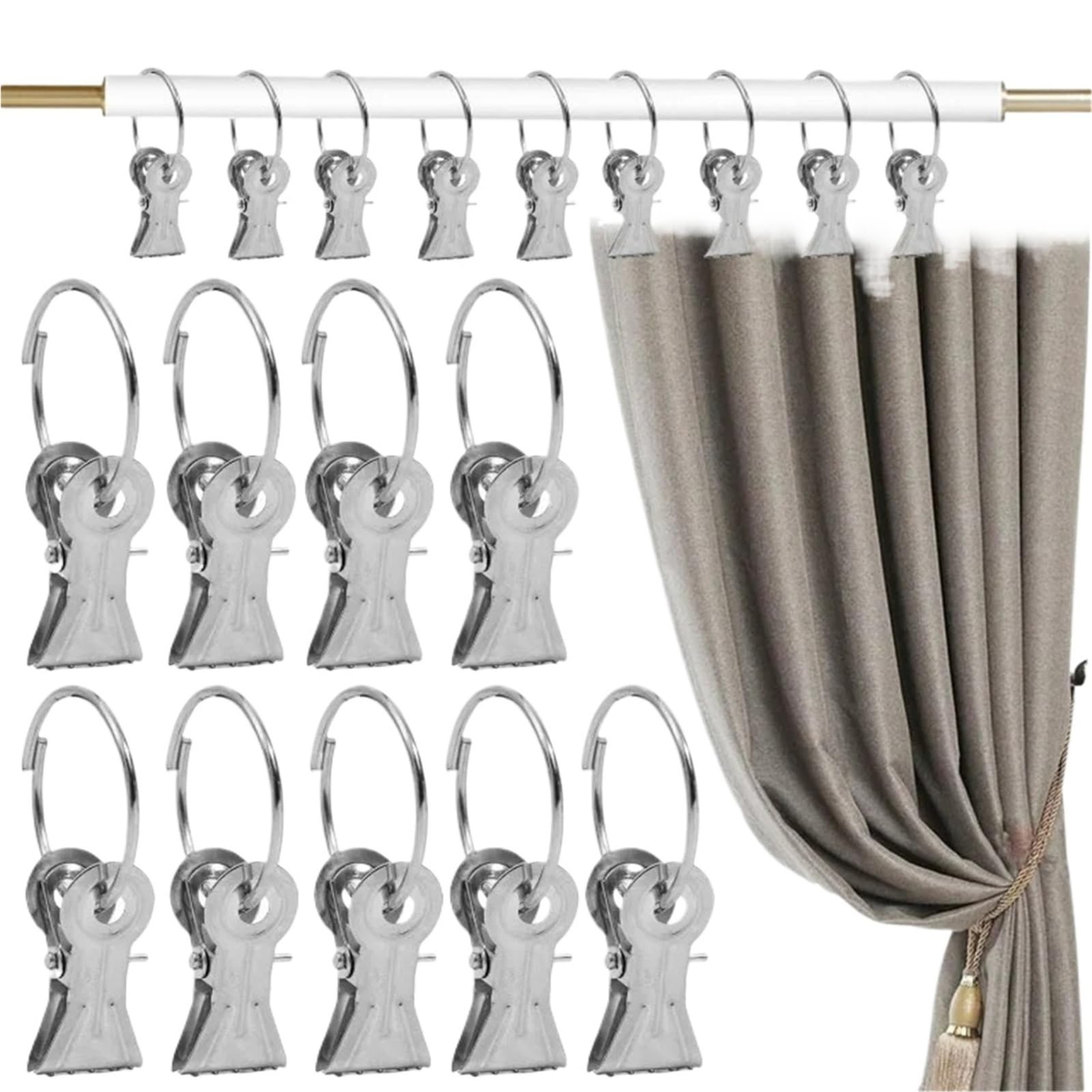 Duschvorhangringe 50/10 Stück Edelstahl-Gardinenstangen-Clips mit Ringen for Zuhause, Schlafzimmer, Badezimmer, dekorative Aufhänger-Schnallen(50PCS)