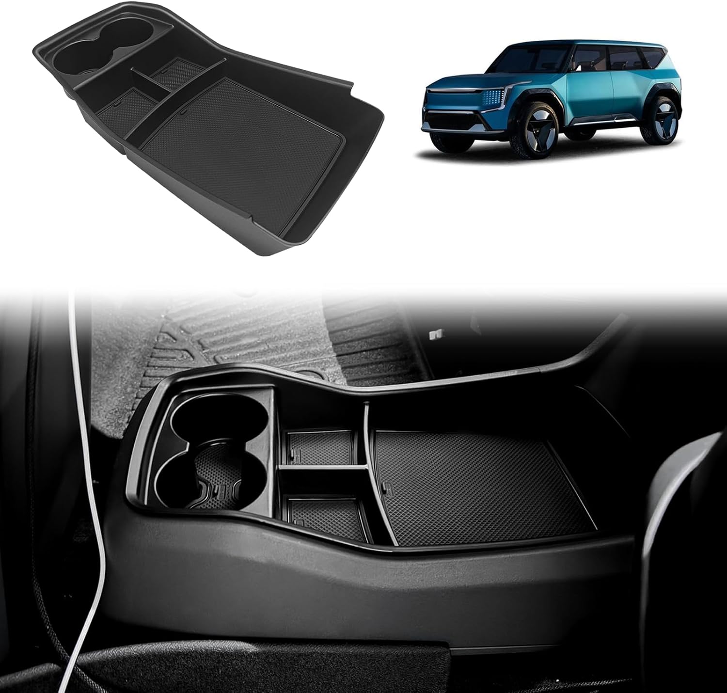 BestEvMod for EV9 Lower Center Console Organizer Tray Interior Accessories Storage Box ABS Material with PVC Trim Compatible with 2024 2025 2026 Kia EV9 Accessories (V2)