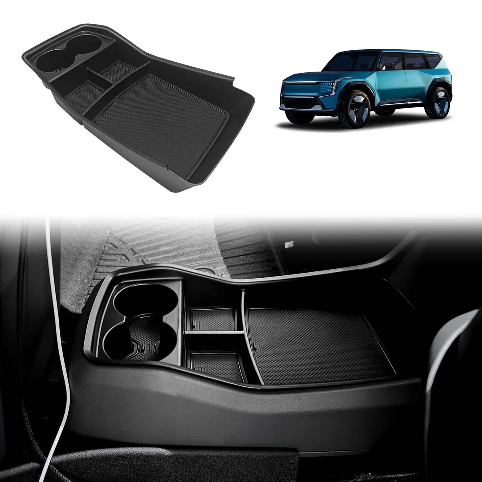 BestEvMod for EV9 Lower Center Console Organizer Tray Interior Accessories Storage Box ABS Material with PVC Trim Compatible with 2024 2025 Kia EV9 Accessories (V2)