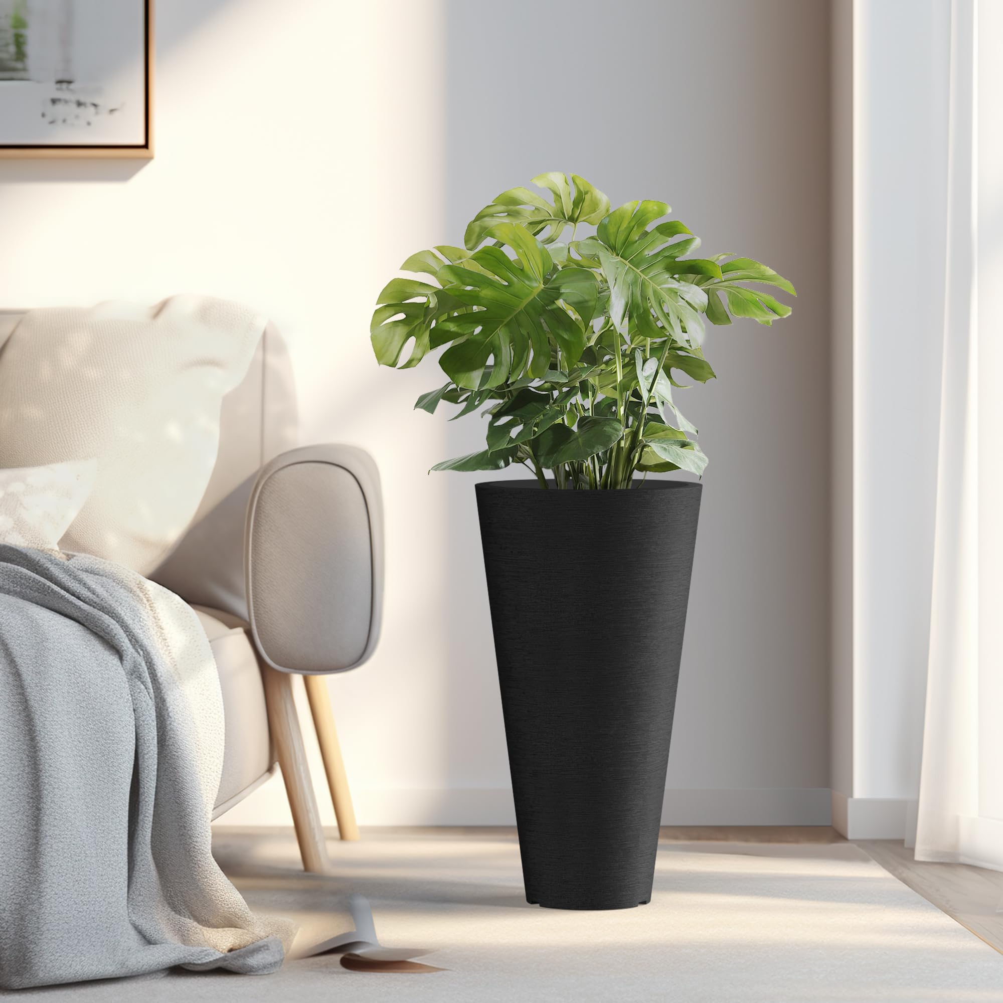 Kante Tall Round Planter Set of 2, 18" H Large Decorative Planter Pots for Outdoor Indoor Garden Patio Front Porch (Black)