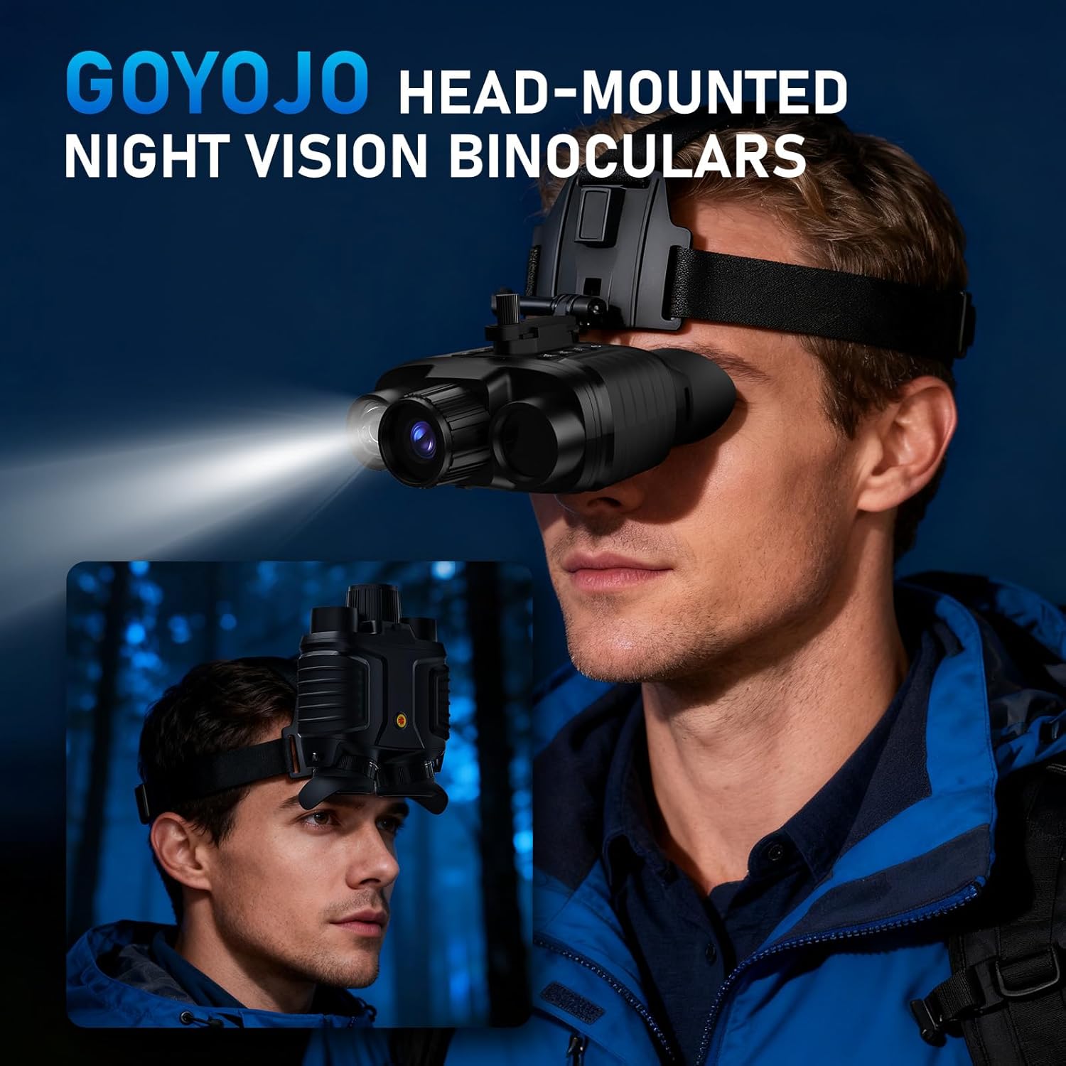 Front view of the GOYOJO NV980 Night Vision Goggles, highlighting the lenses and infrared illuminator.