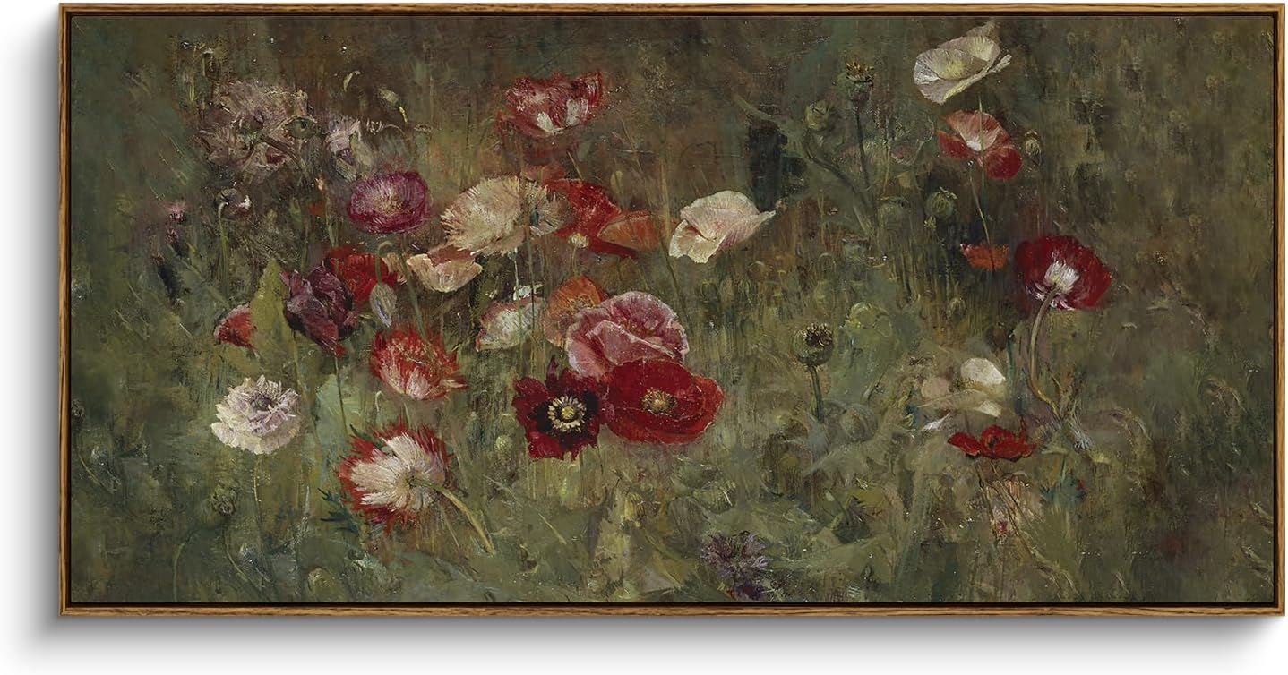 InSimSea Extra Large Framed Vintage Wall Art, Living Room Country Farmhouse Decor, Flowers Botanical Paintings, Canvas Prints, Retro Floral Long Picture for Bedroom Above of Bed,24x48inch A Bed of Poppies 48L" x 24W"