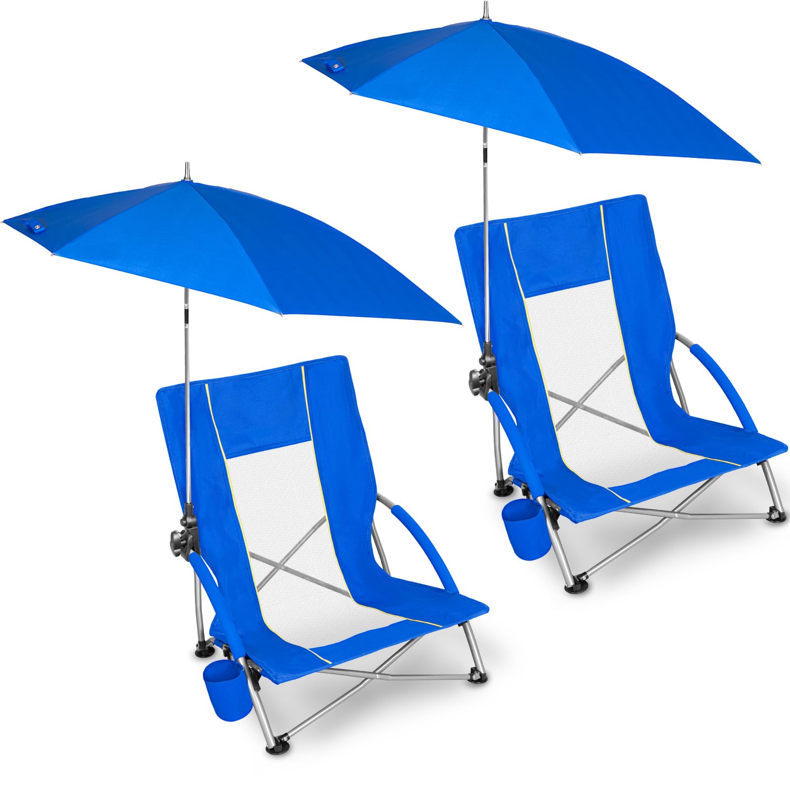 Beach Chair with Umbrella 2PK, Folding Low Beach Chairs for Adults with Adjustable Parasol, Cup Holder, Breathable Backrest, Comfortable Armrests, Lightweight for Beach &amp; Camping, Blue