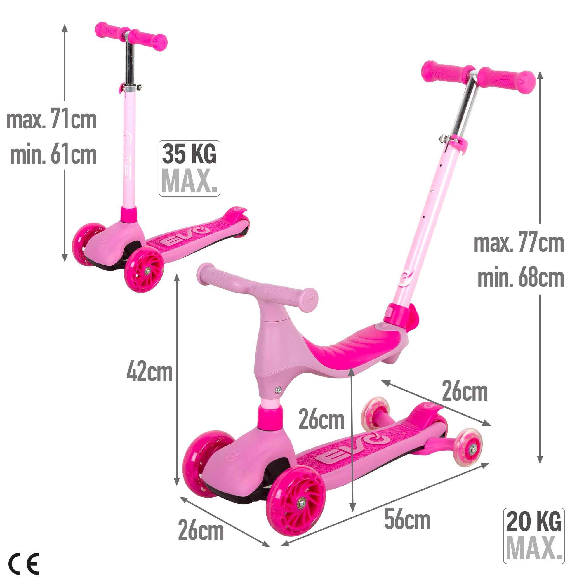 COLORBABY EVO Patinete Infantil 4 en 1, Rosa, Triciclo Bebé, Correpasillos, Manillar Regulable, Freno Trasero