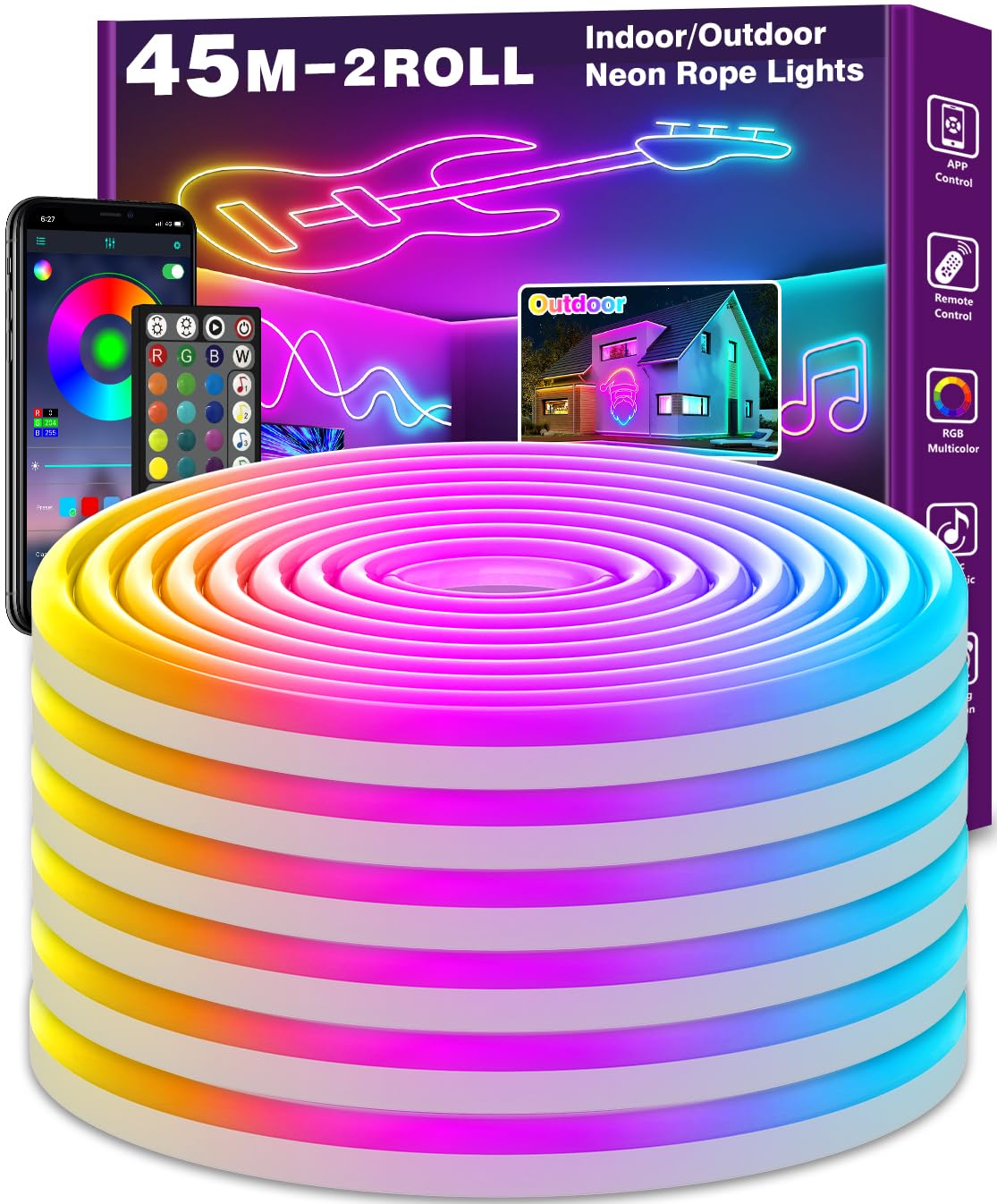 LETIANPAI 45m Neon Rope Lights, Flexible LED Cord Lights Controlled with App/Remote, Multiple Modes, IP65 Outdoor RGB Light Waterproof, Music Sync Led Neon [Energy Class A]