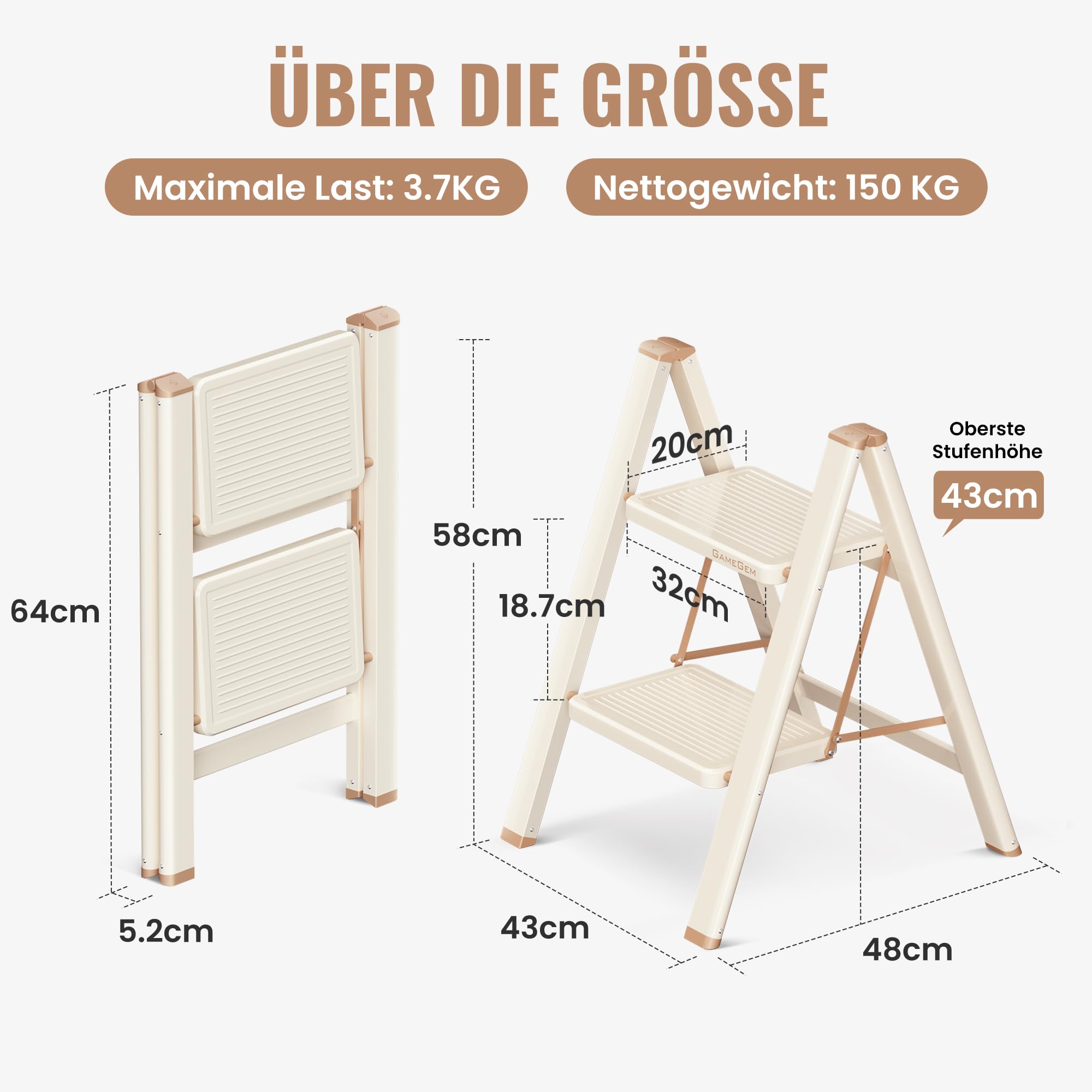 Trittleiter 2 Stufen klappbar, 2 Stufen Leiter für Erwachsene, Faltbare Trittleiter mit sicherem Stand, verbreitertem Pedal, ästhetisch ansprechendes Aussehen, Wohnräume