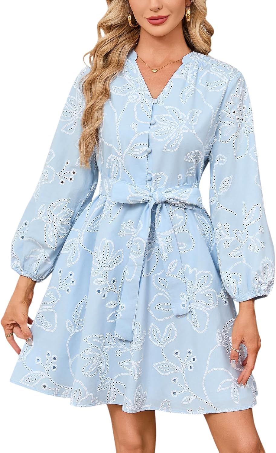 Boho Mini Dress for Women 3/4 Sleeve Eyelet Lace Hollow Out Tunic Dress V Neck A Line Short Dresses with Pockets