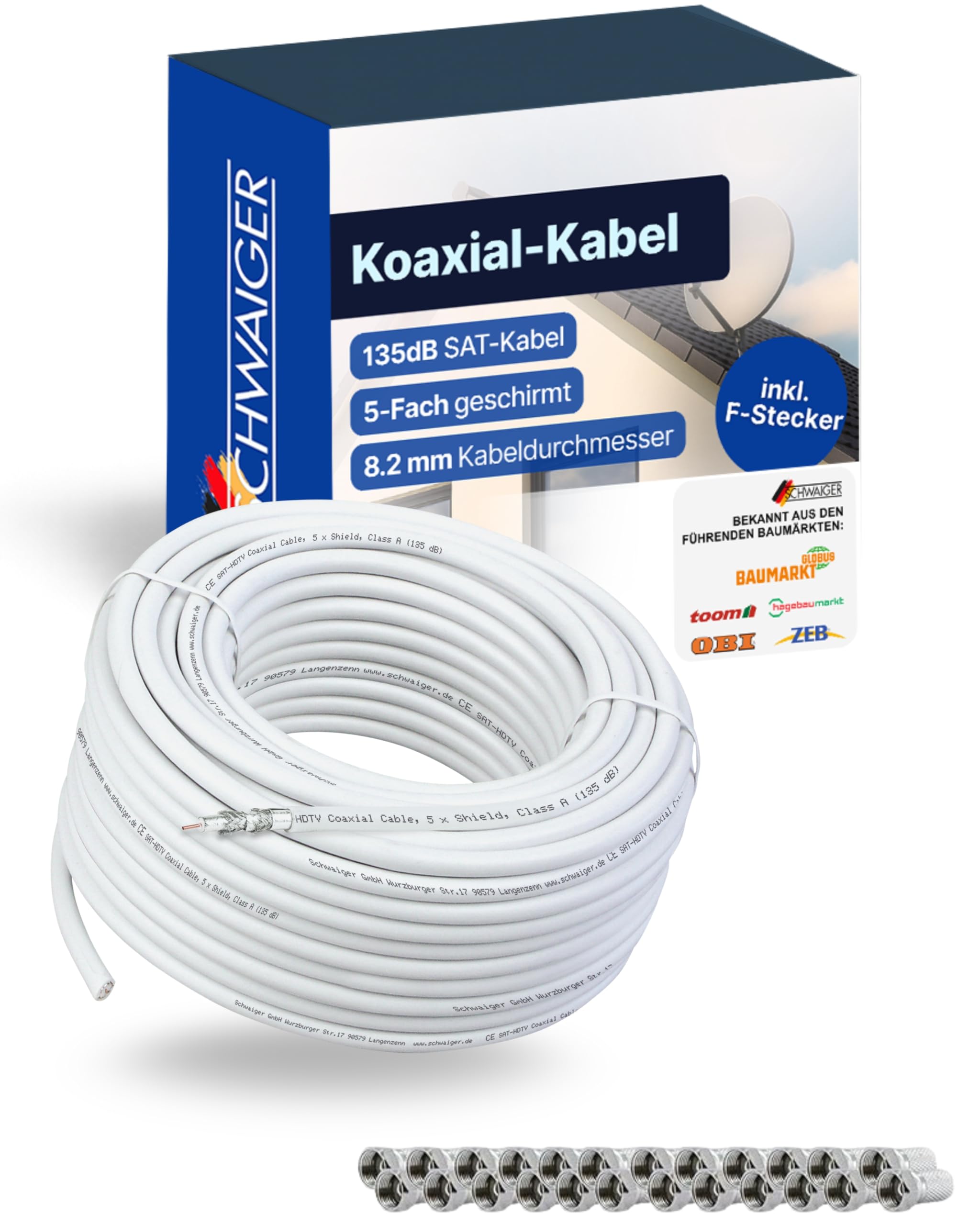 SCHWAIGER Koaxialkabel 50 m I SAT-Kabel & Antennen-Kabel mit 135dB Schirmungsmaß I 8,2mm Koaxial-Kabel für SAT- & Kabelfernsehen I 5-fach geschirmt & witterungsbeständig I inkl. 24 F-Stecker