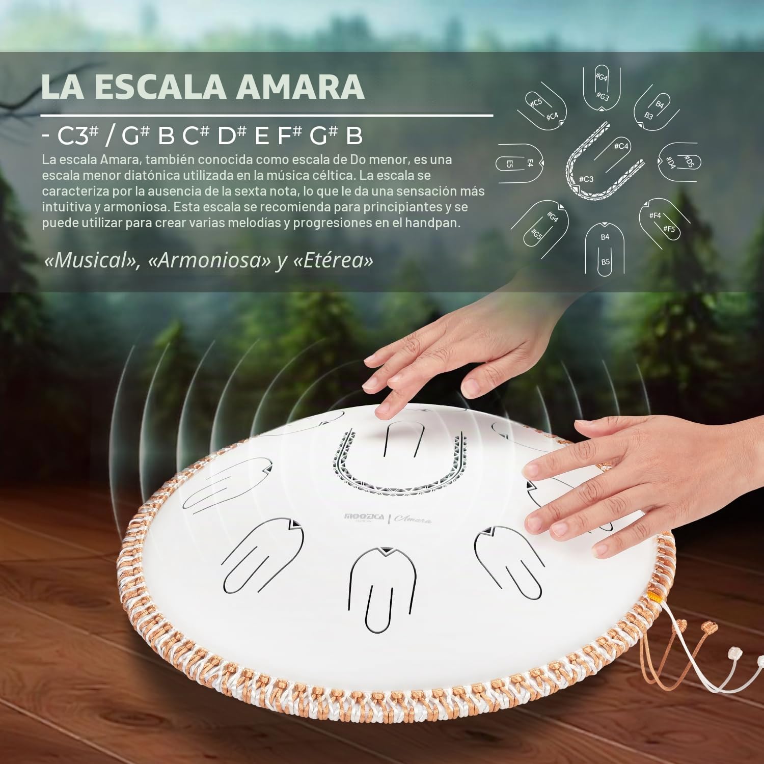 MOOZICA Tambor de lengua de acero Handpan, tambor de lengua de mano de escala Amara portátil de 14" con diseño de octava armónica, tambor de mano para principiantes y profesionales (Amara, blanco)