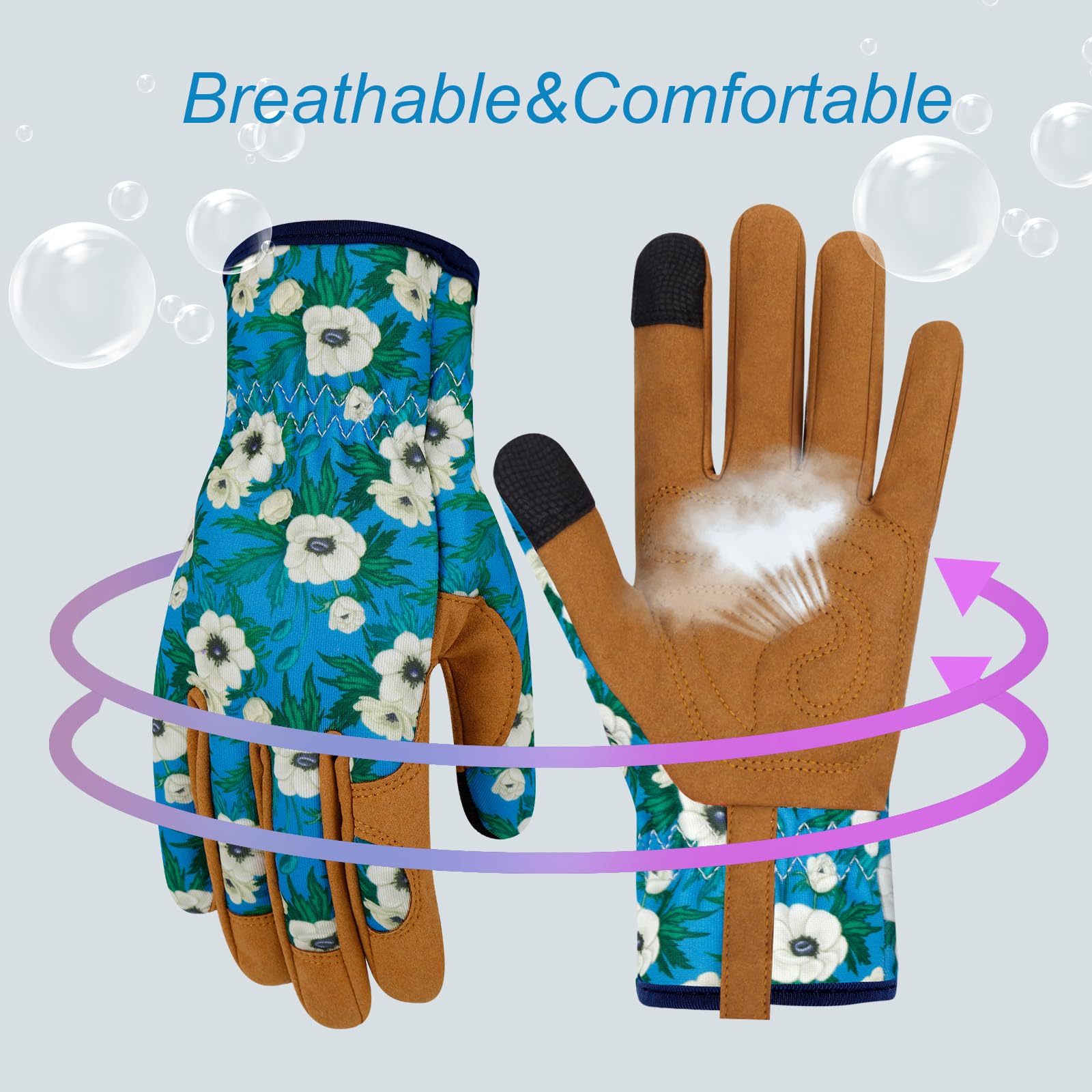 Gants de jardinage en cuir pour femme - Gants de jardin résistants aux épines - Gants de travail pour écran tactile - Cadeaux de jardinage - Fleurs blanches