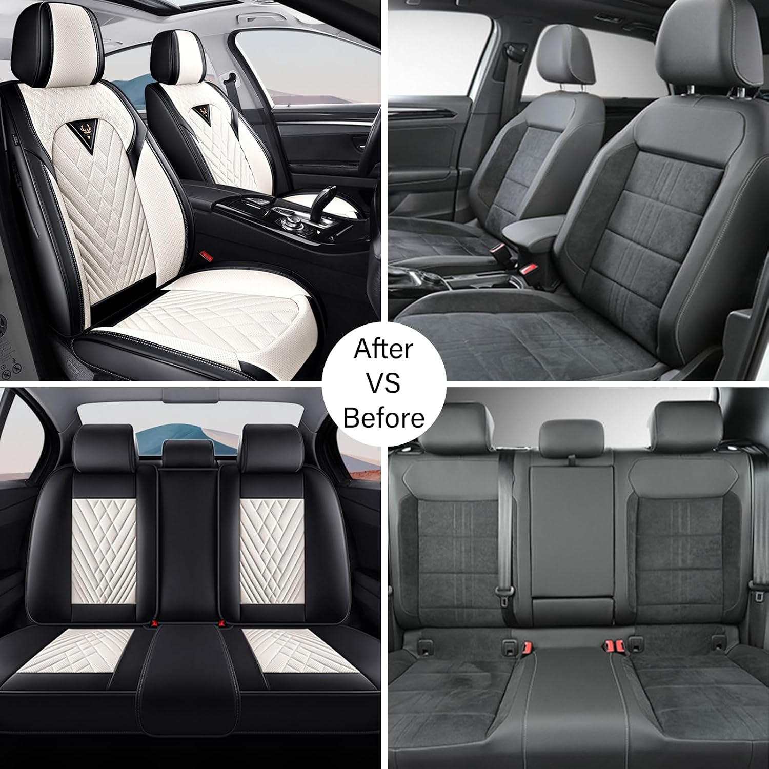 Car seat Covers Fit 95% of Audi Models 2000-2024,Premium Nappa Leather Waterproof Anti-Slip Sports Seat Cover,Airbag Compatible Easy to Install Seat Protector Full Set(Black&White)