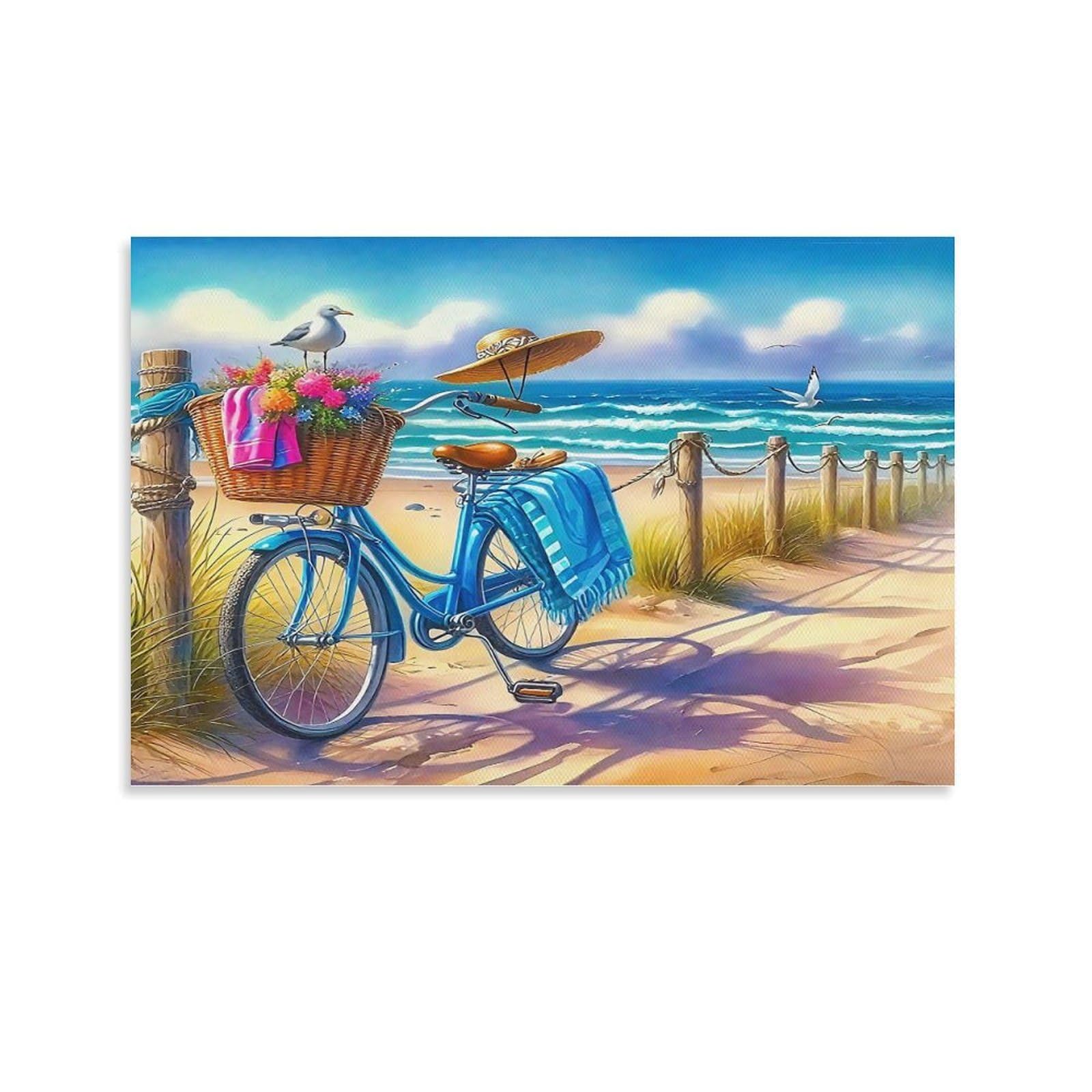CPLVKWRQJ Seaside Scenery Individual Blue Vintage Bicycle Parked on Sunny Beach Path Wall Art Decor - Office Wall Focal Art Multi-Purpose Fade Resistant Decor 24x36inch(60x90cm)