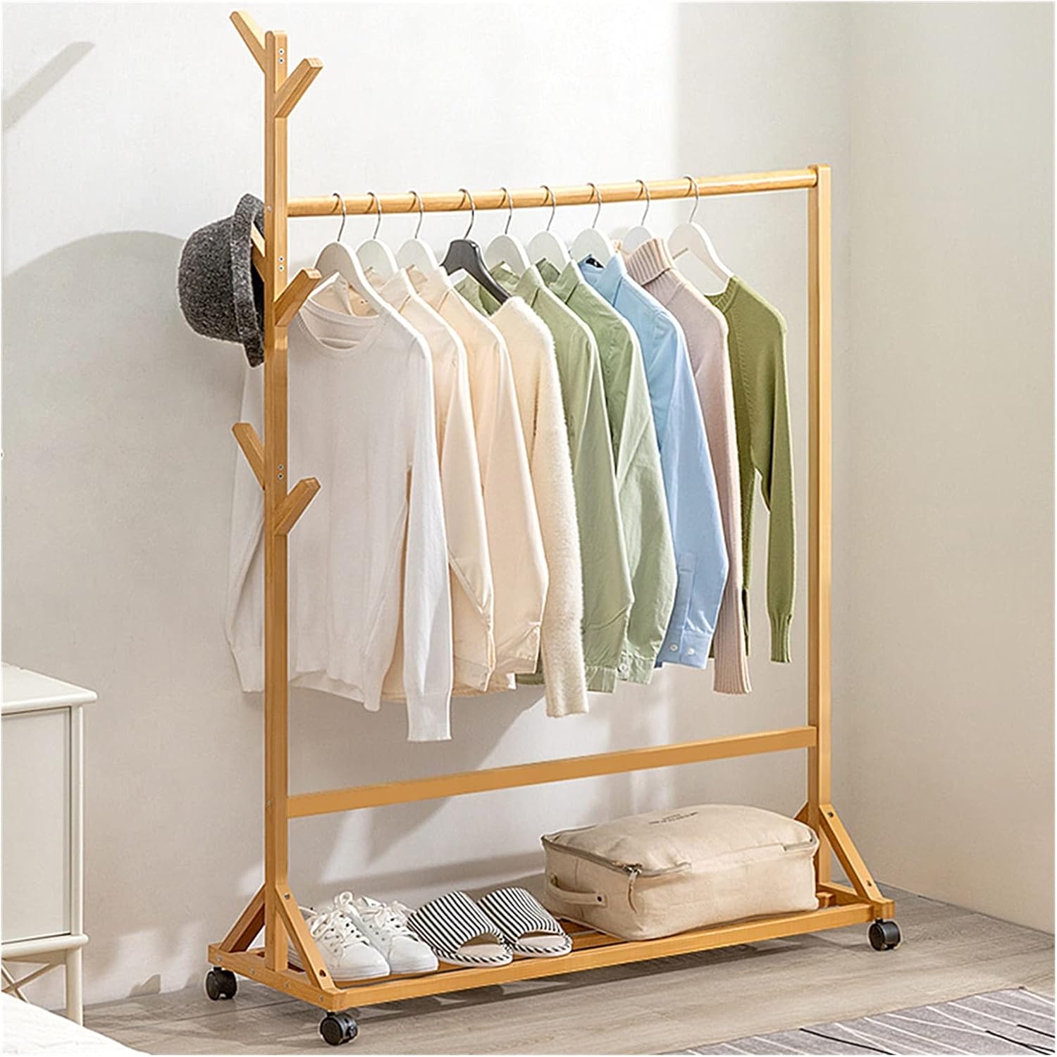 Floor-Standing Solid Wood Rotating Coat Rack，Bamboo Coat Rack with Wheels and Shoe Storage Shelves Multifunctional Garment Orga for Bedroom Easy to Install Brown 80cm