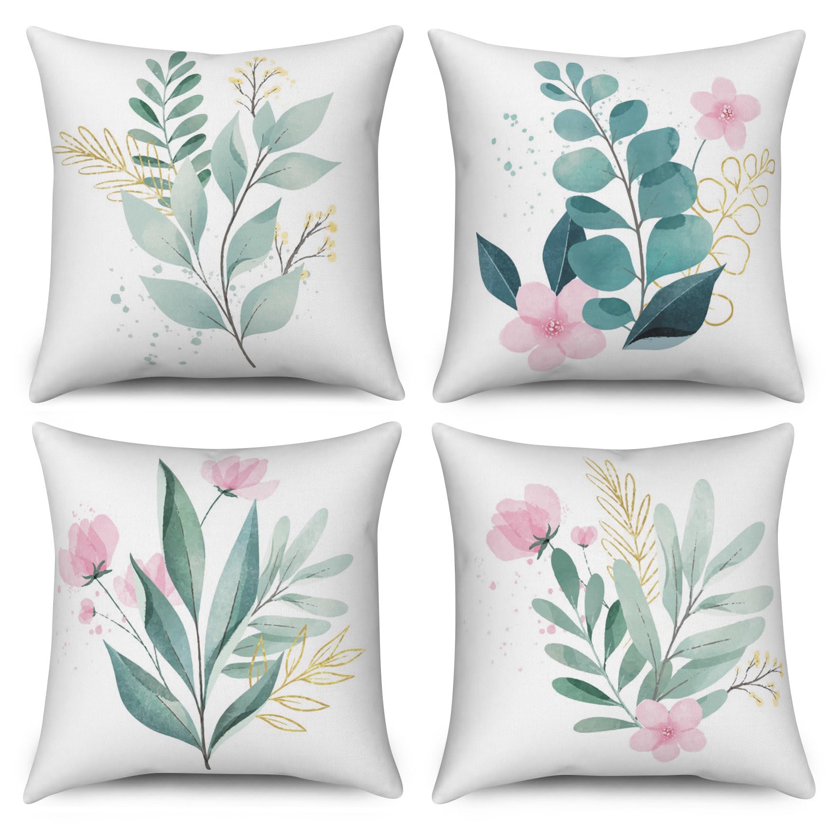 ASDCXZ Flower Pillow Cover 40x40 cm 4pcs Set, Spring Rose Flower Green Leaves Gold White Sofa Cushion Covers Pillow Cover Washable Polyester Textile Outdoor Pillow Cover Pillow Cover