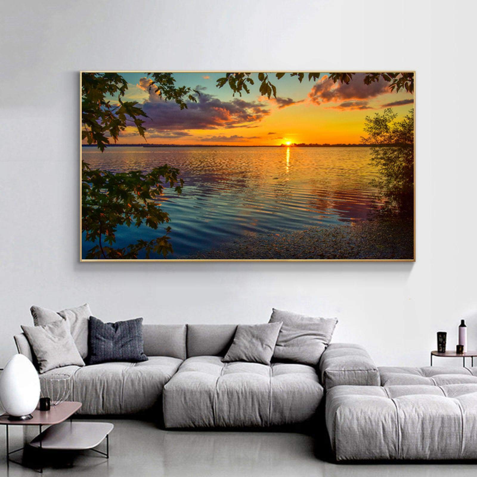 Cuadro de arte de pared, pintura de paisaje natural, puesta de sol, lago, árbol, lienzo, pintura, carteles e impresiones para la decoración de la sala de estar, 80x160cm (32''x63 '') Marco interior