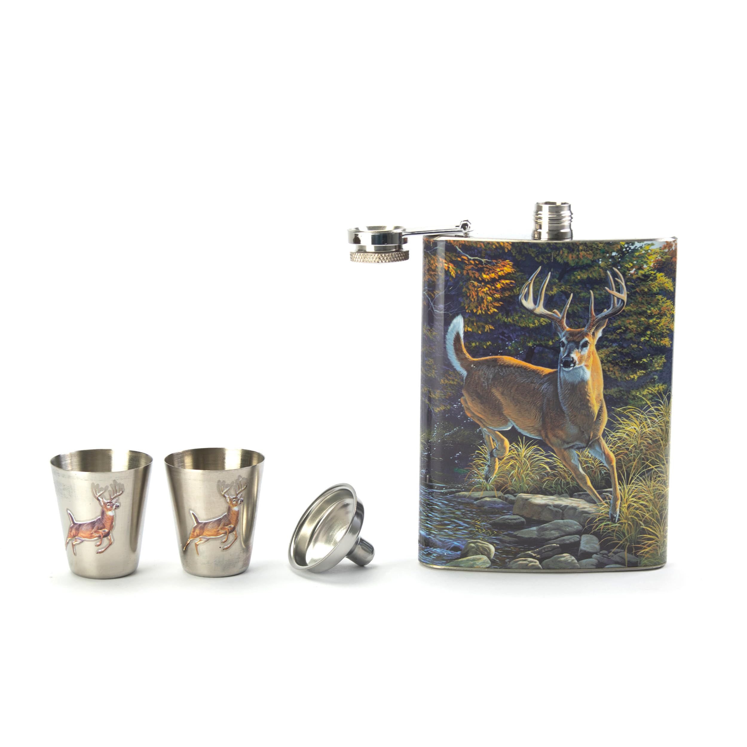 River's Edge Deer Design Stainless Steel Flask with Loading Funnel and Shot Glass, 988