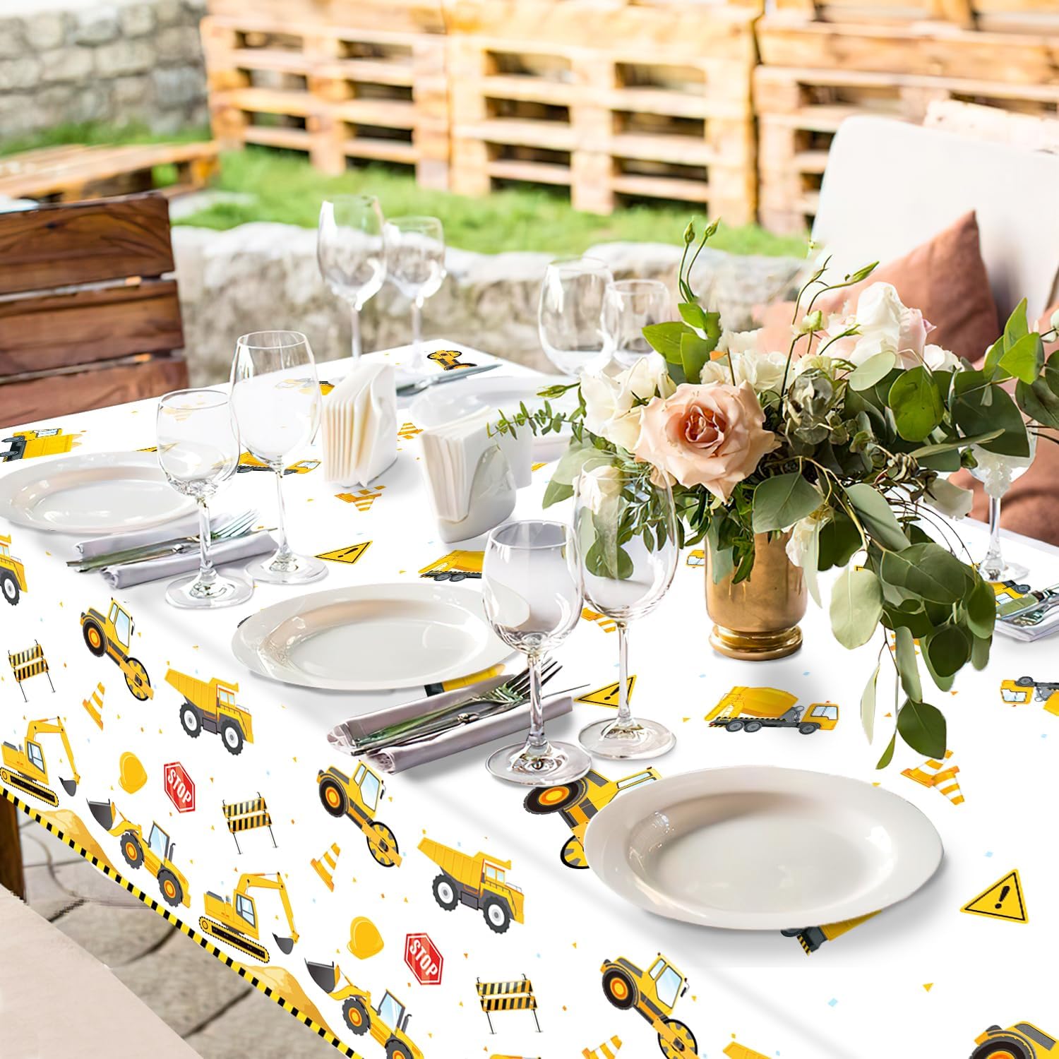 QIYANPAX 3 Pack Construction Plastic Birthday Party Tablecloths, 54 x 108 Inches - Truck Excavator Table Covers for Construction Birthday Decorations