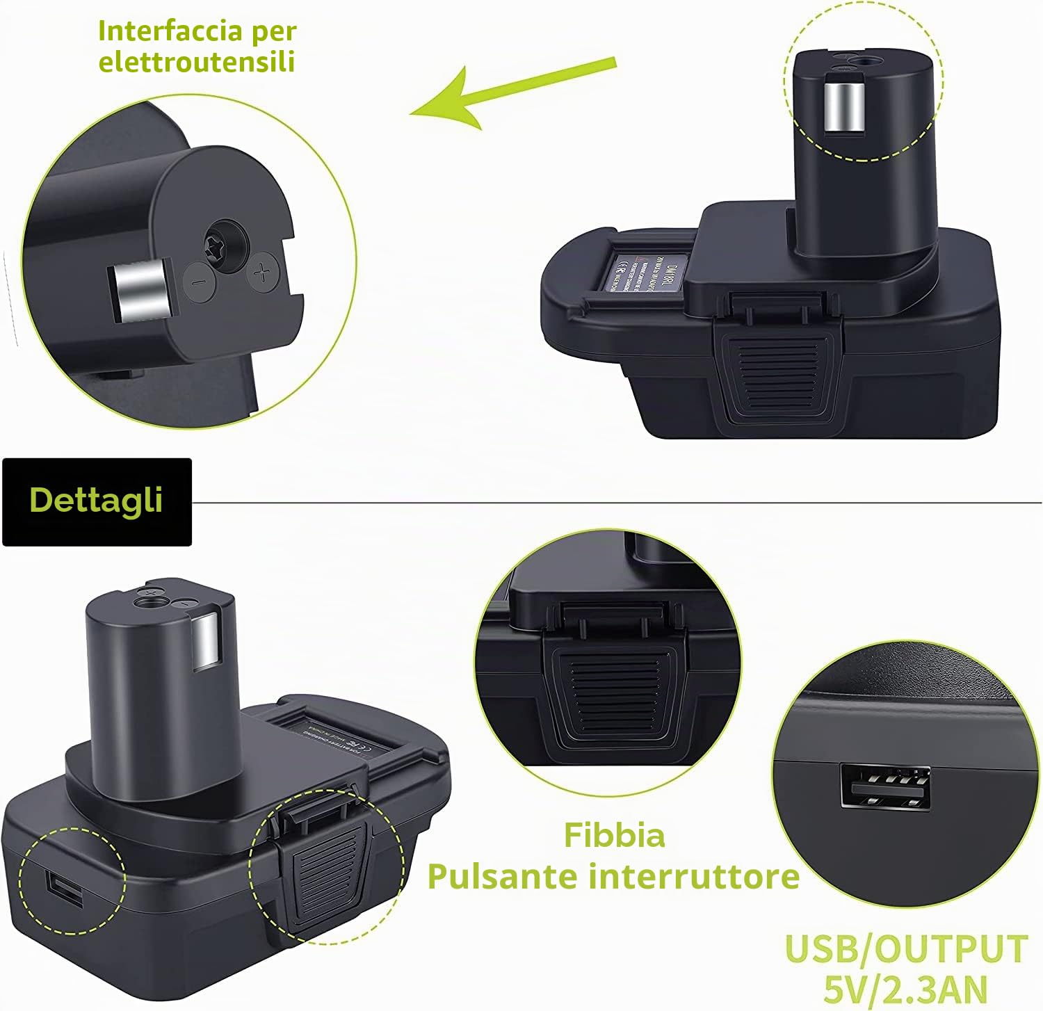 DM18RL - Adattatore per batteria Roybi 18 V, con USB per Dewalt per batteria Milwaukee M18, convertire in batteria agli ioni di litio Ryobi 18 V RB18L50 RB18L40 RC18115 5132000047 RB18L20 ecc