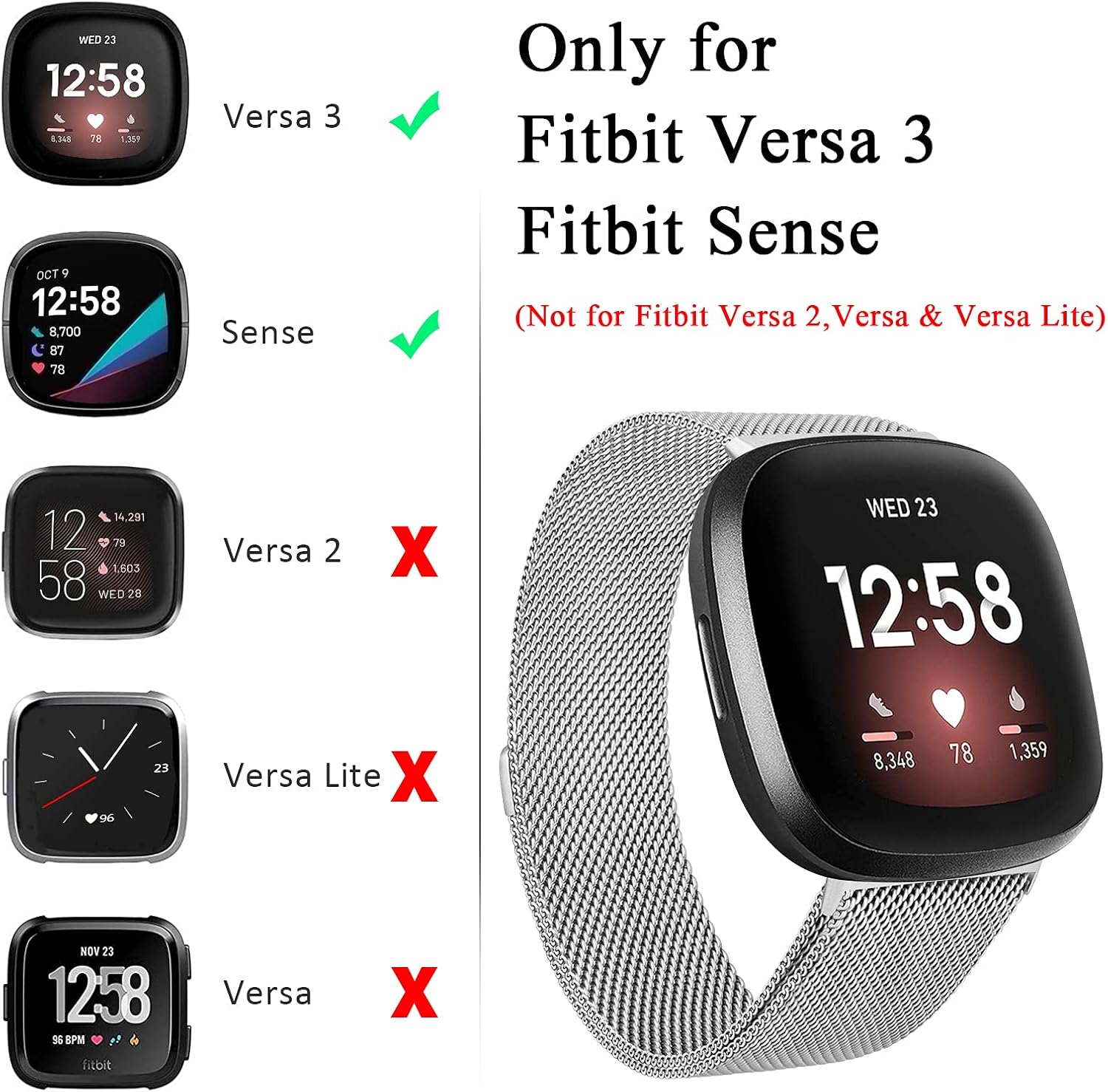 Amzpas Bands Compatible with Fitbit Versa 3 /4 Fitbit Sense / Sense 2, Breathable Stainless Steel Loop Mesh Magnetic Adjustable Wristband for Fitbit Versa 3 / 4 Fitbit Sense / Sense 2for Women and Men
