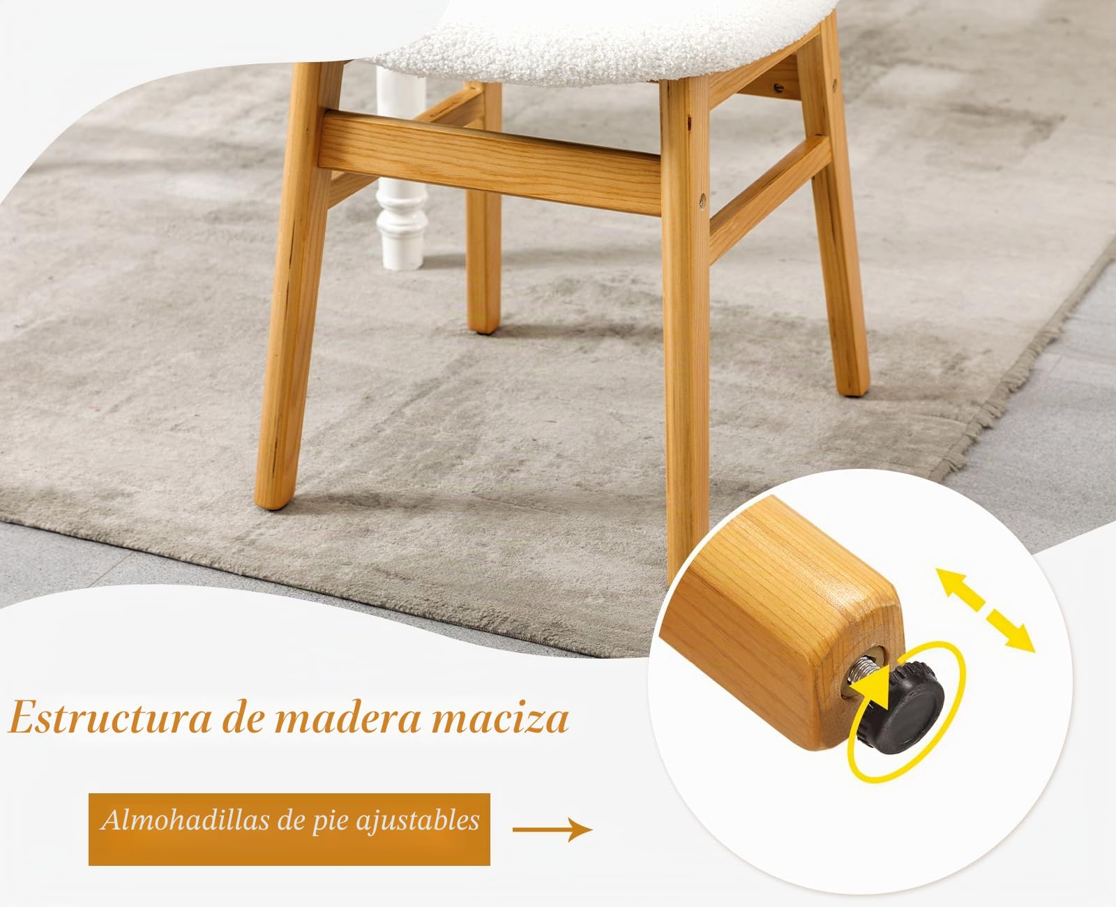chairus Juego 2 de Sillas de Comedor Madera Maciza Sillas de Cocina con Respaldo Ratán, Sillas Rústica Tapizado en Lana Sintética para Restaurante/Cafetería, Beige
