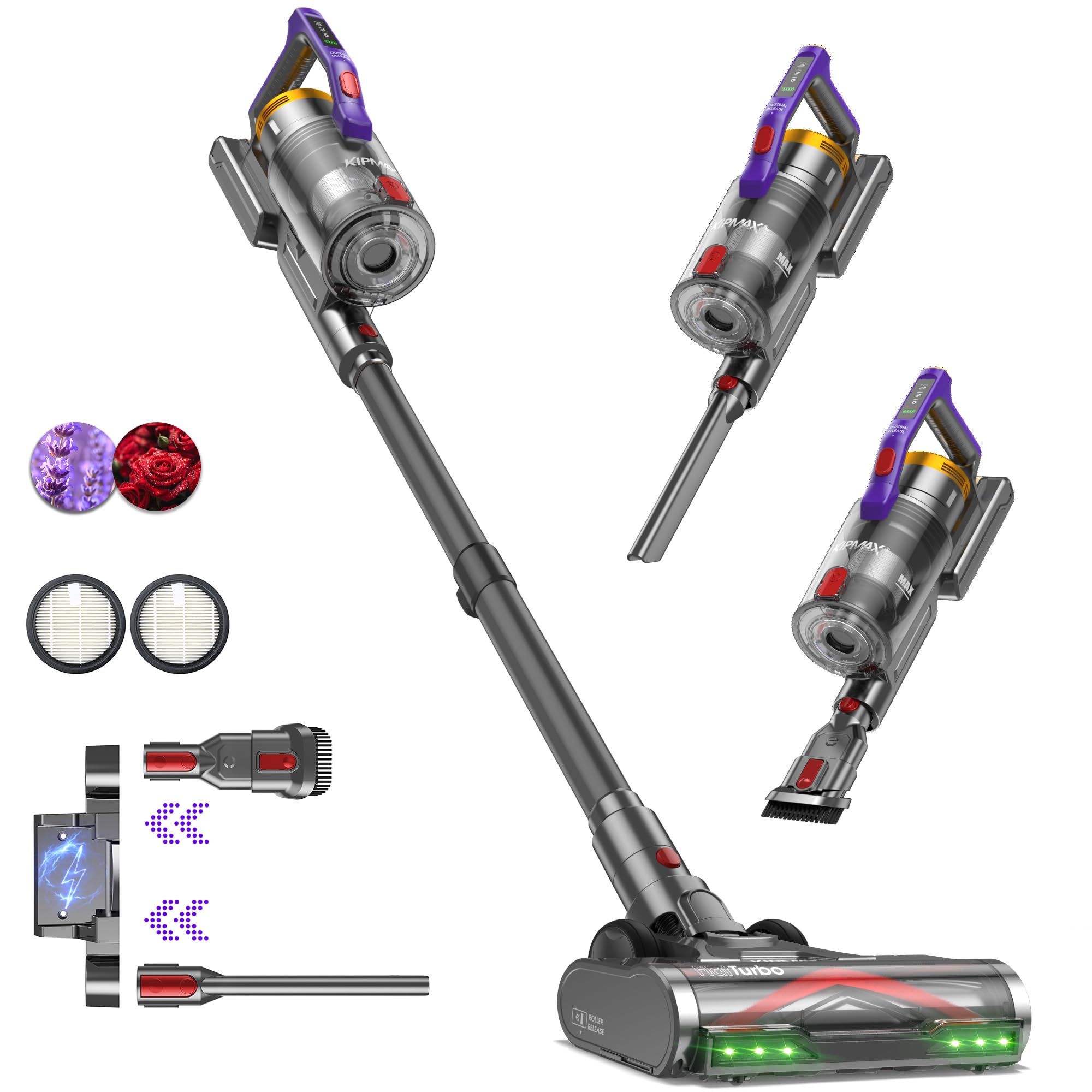 KIPMAX Akku Staubsauger 50KPa/550W/70Min,1.5L Staubsauger Kabellos mit Display,Anti-Tangle-Bürste,7-Fach Filtra mit 2 Duftplatten zur Gerüche,Selbststehend,für Teppiche/Tierhaare/Hartböden Schwarz