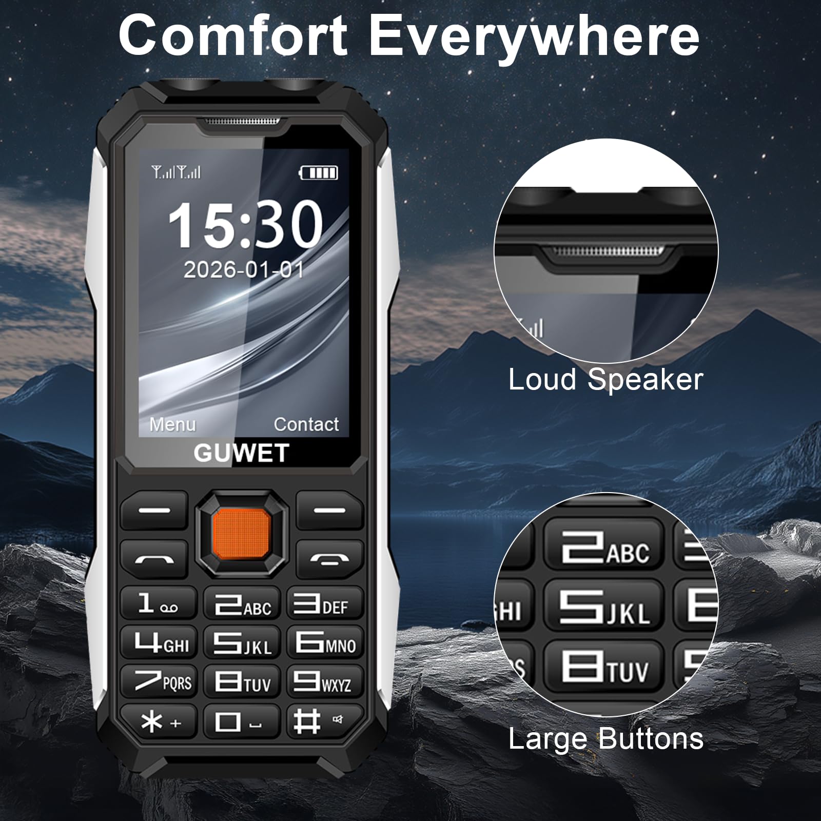 A6 2G Outdoor-Handy ohne Vertrag, 6800-mAh-Akku für extrem Lange Standby-Zeiten, robust und sturzfest, SOS-Notruffunktion, große Tasten, Dual-SIM mit Notruftaste, Schwarz