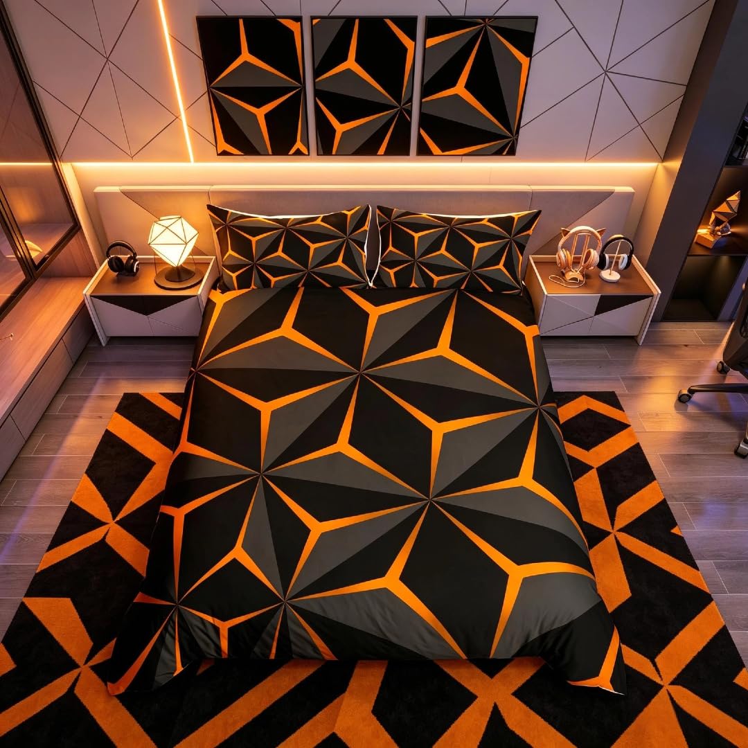 Homemissing Neon Honeycomb Duvet Cover Single Size,Geometric Stereoscopic Theme Teens Boys Bedding Set,Adults Bedroom Decoration 3D Orange Print Comforter Cover Set All Season