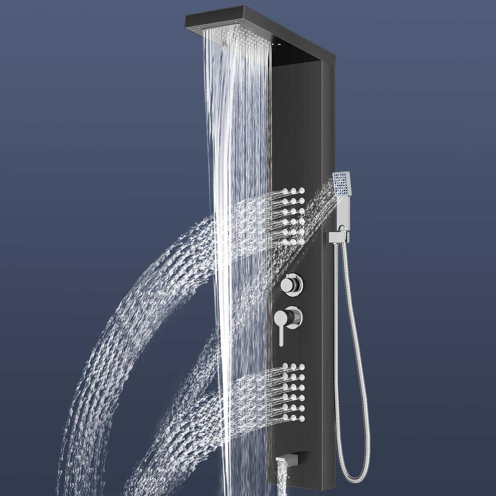 Sistema de panel de ducha con 5 modos, Negro Panel de Ducha Acero Inoxidable para Baño,hidromasaje y cascada,caño para bañera y cabezal de ducha con manguera, baño