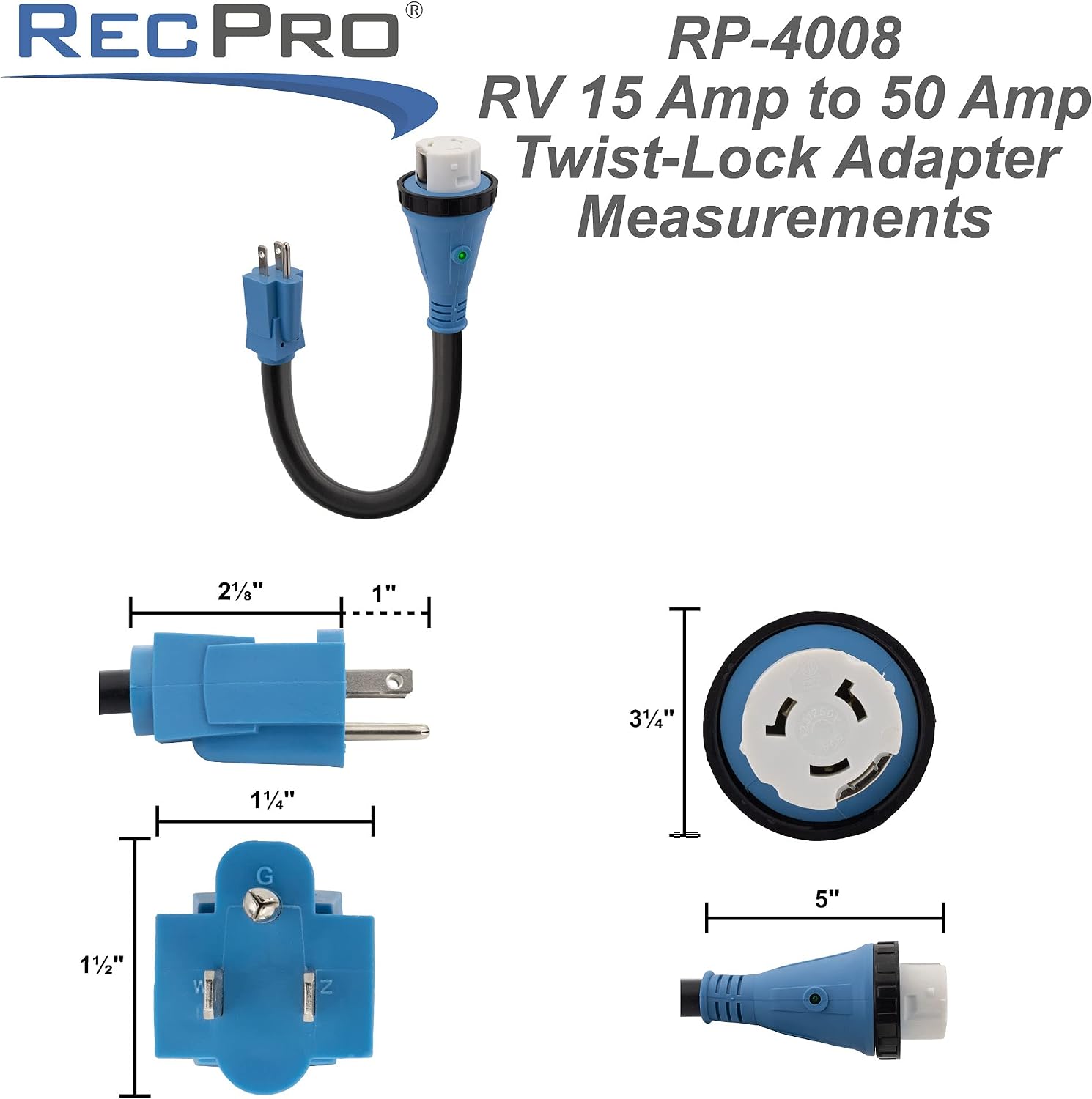 RecPro RV 15 Amp to 50 Amp Adapter with Twist-Lock | Dogbone Shore Power Adapter |