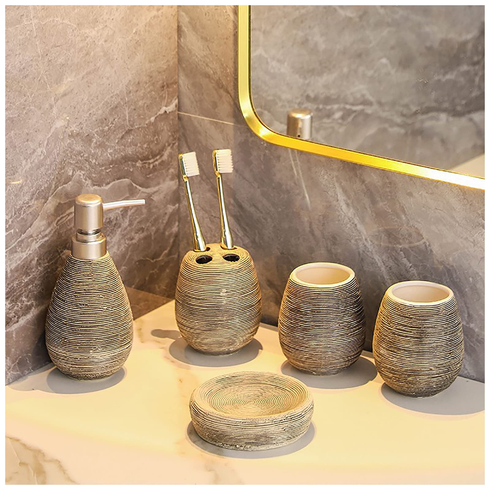 Juegos de Accesorios de baño, Acesorios Cuartos de Baño 5 Piezas con Dispensador Jabon Baño, Jabonera Baño, Porta Cepillo de Dientes, para Champú Gel de Ducha Cerámica Gris