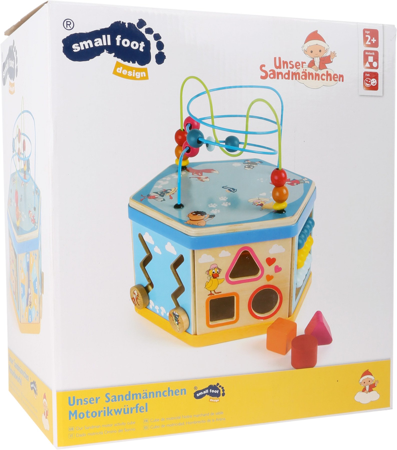 Small Foot 10433 - Cubo de motricidad Sandmännchen, con Formas, Juego de Empuje, Caja de música y bucles de motricidad, a Partir de 1 año
