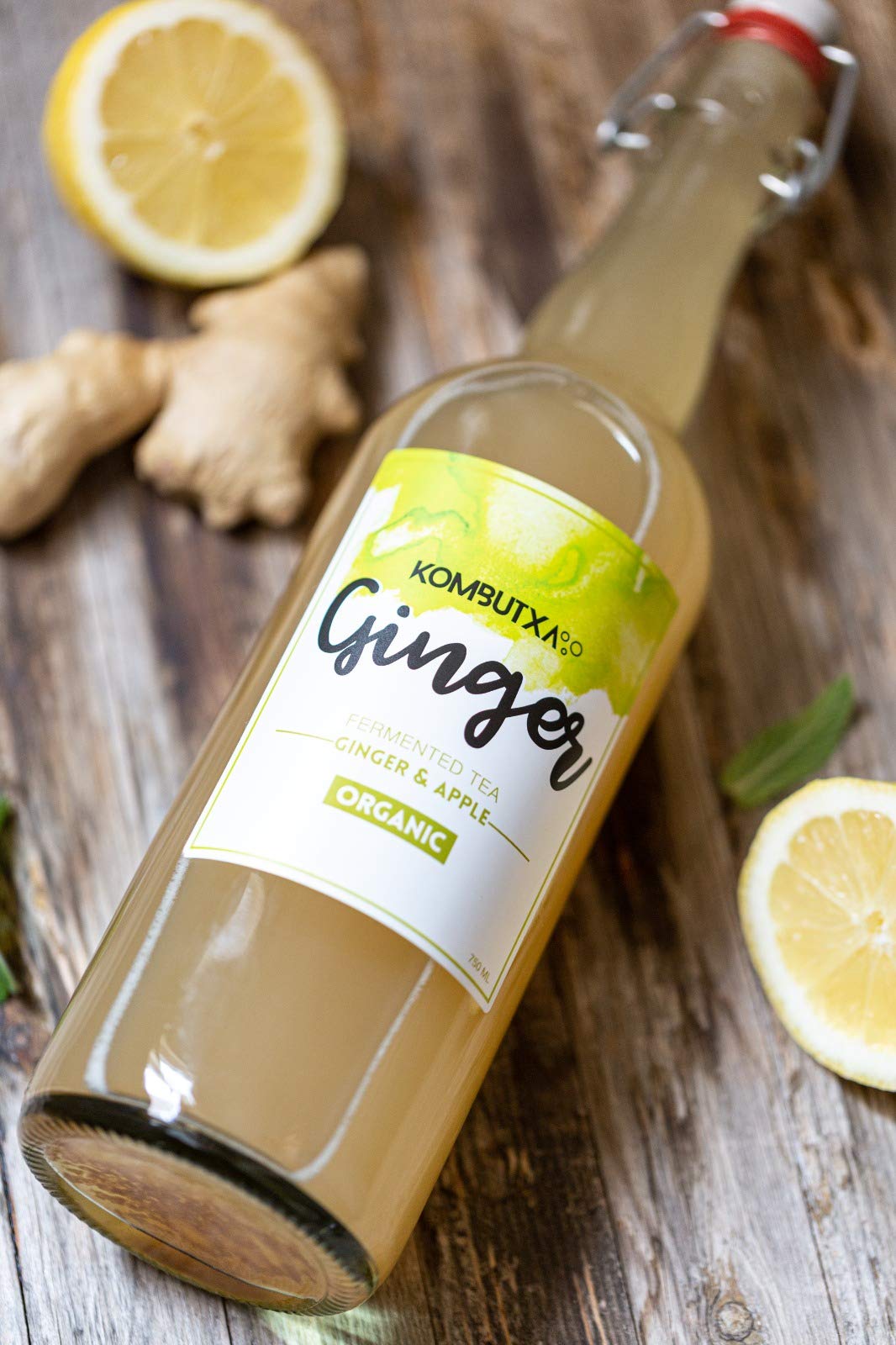 BOISSON ÉCOLOGIQUE KOMBUTXA TE KOMBUCHA - 6 bouteilles 750 ml Thé fermenté bio énergie écologique combustion des graisses sans sucre ajouté (Ginger (Gingembre et Pomme))