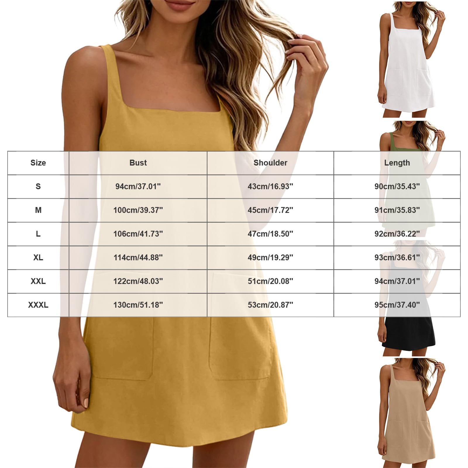 Vestiti Lunghi Estivi Abito Corto da Donna in Lino e Cotone, Scollo Quadrato, Senza Maniche, vestibilità Ampia, con Tasche, Ideale per L'Estate, Casual e da Spiaggia. Abiti Donna Estivi Lunghi