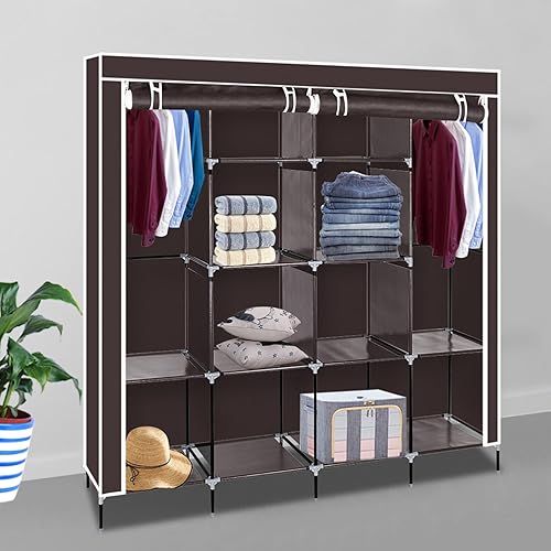 Armario portátil para dormitorio, riel de ropa con funda de tela no tejida, organizador de almacenamiento de ropa, perchero de ropa, 12 estantes, 4