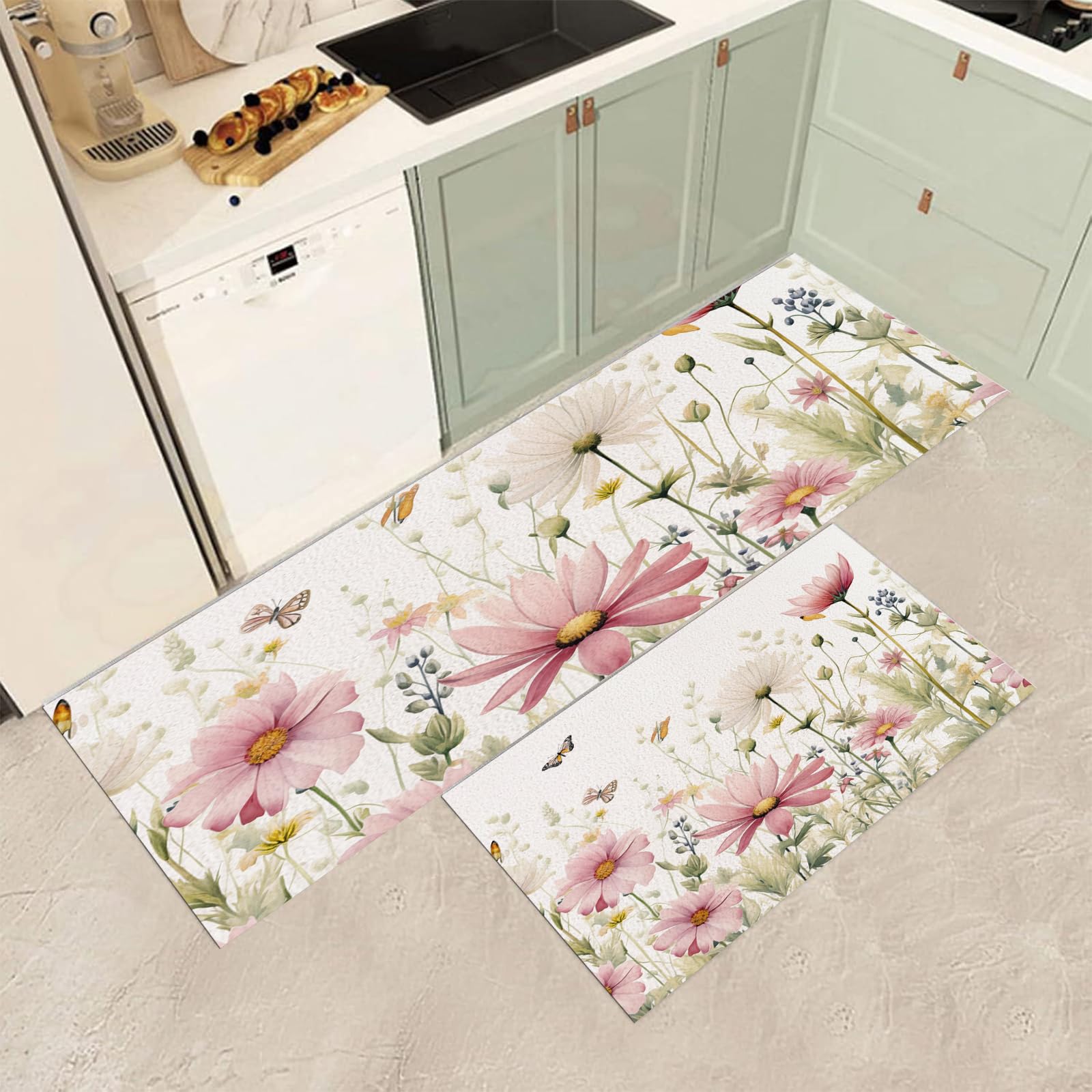Tapis de sol long fleurs sauvages rose pale aquarelle entree