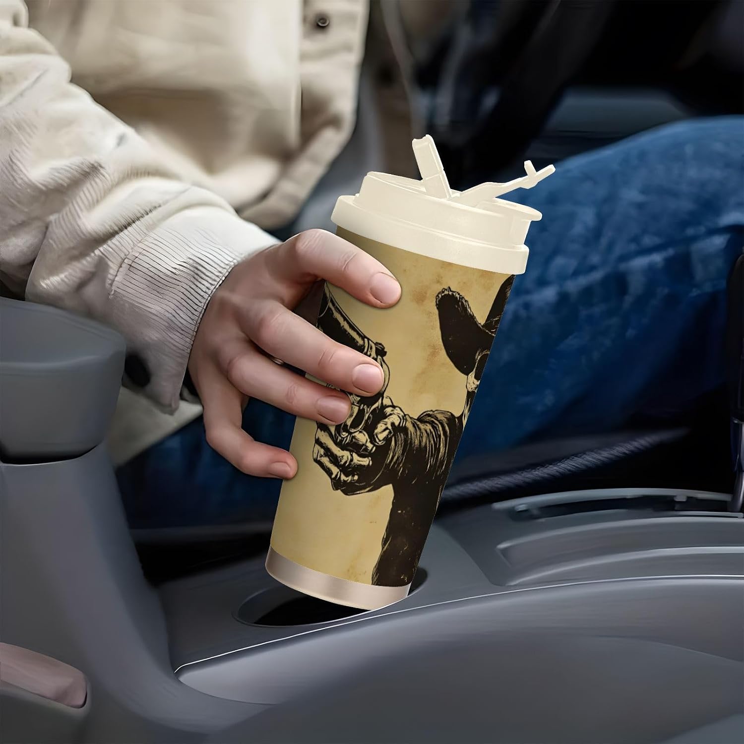 Skeleton Hat Brown Insulated Coffee Mug with Straw & Flip Lid, 16.9oz Iced Tumbler Cup, Double Wall Vacuum Mug for Travel Office