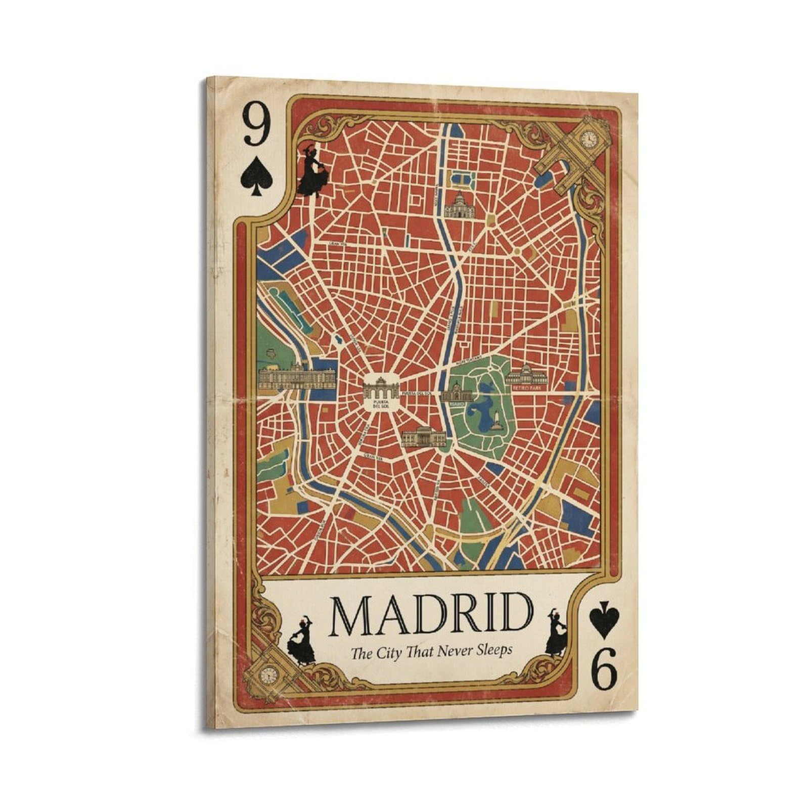 OKNGB Vintage City Map Poster Madrid Royal City Spain Playing Card Style Decorative Painting Canvas Art Picture 24x36inch(60x90cm)