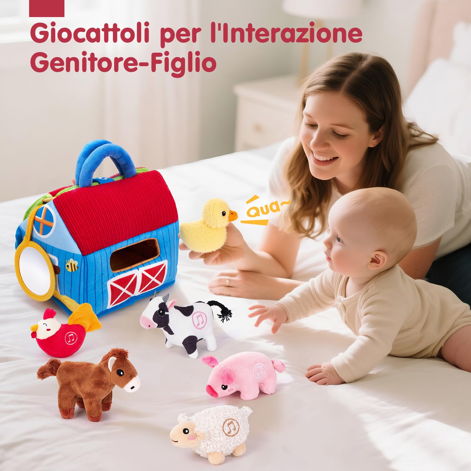 hahaland Giochi Bambini 1 anno - Fattoria Sonora in Peluche, con 6 Animali Morbidi e Suoni Realistici, Gioco Educativo Bambino Montessori Sensoriale Regalo 6 12 18 mesi