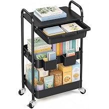 KINGBOARD 3 Tier Metal Rolling Cart with Drawer Black