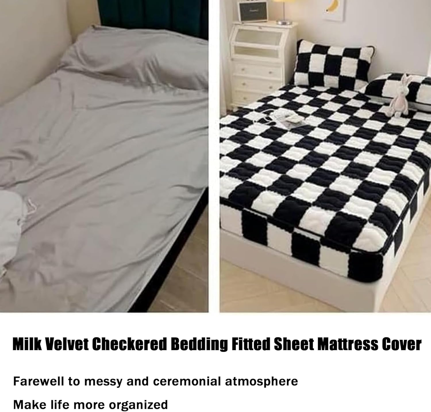 Milk Velvet Sheets, Milk Velvet Checkered Bedding Fitted Sheet Mattress Cover, Flannel Fluffy Mattress Twin Bed Non-Slip Protector Queen Size Fitted Sheet (E,California King)