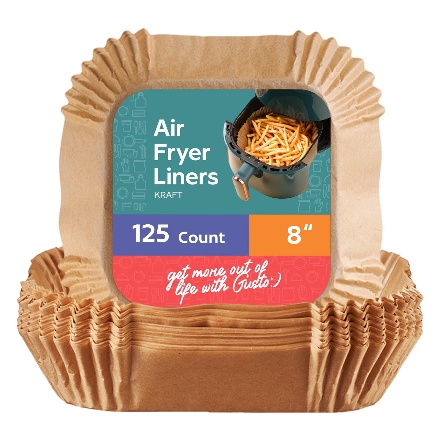 GUSTO [125 Count] 8 Inch Square Air Fryer Liners Disposable - Non-Stick Parchment Paper Liners, Waterproof, Oil-Resistant - Kraft - Formerly Comfy Package