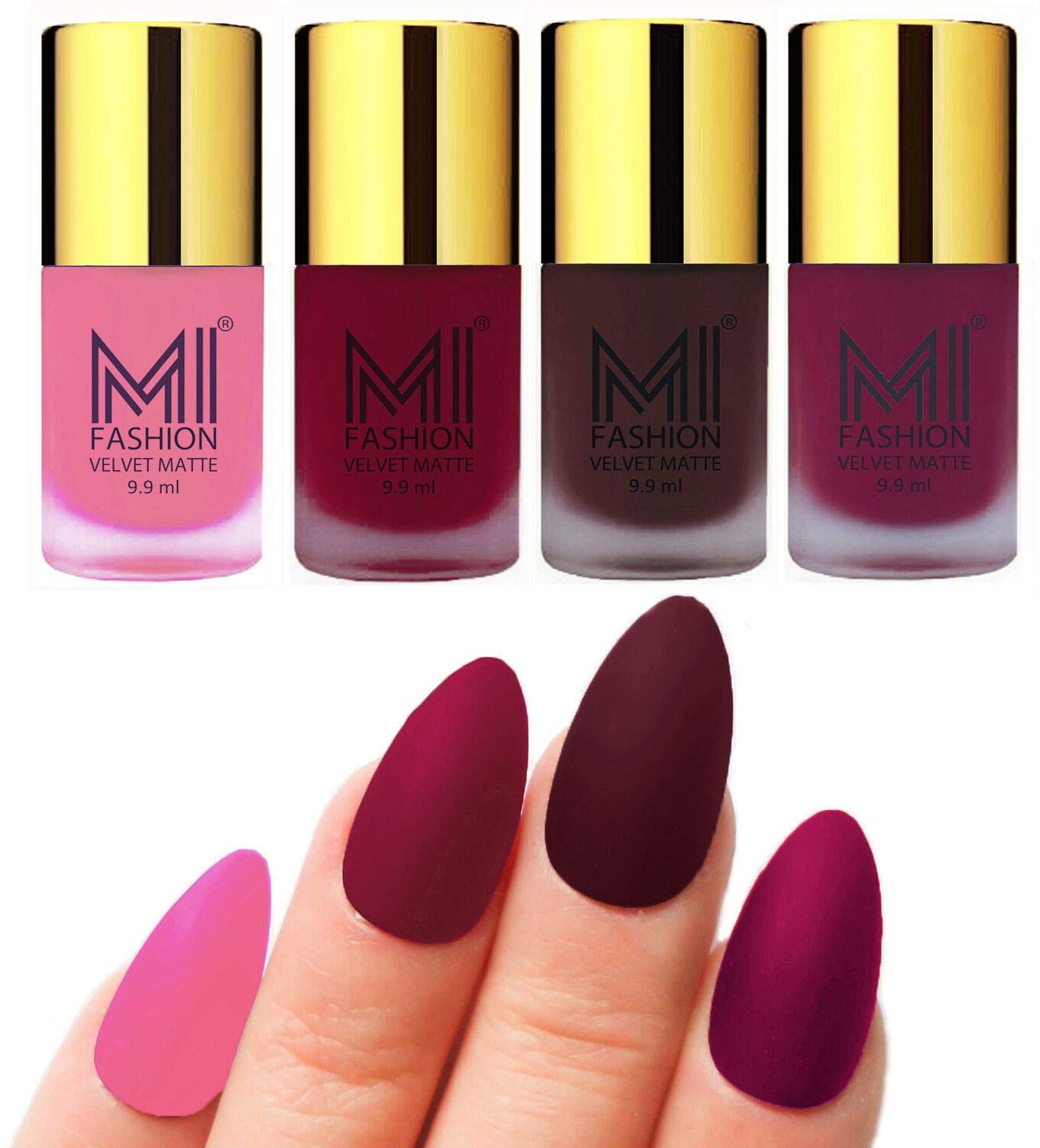 MI FASHION Highly Pigmented Velvet Matte Nail Paint Set Effortless Matte Top Colour 9.9mlBaby Pink, Mauve, Wine, Magenta (Pack Of-4)