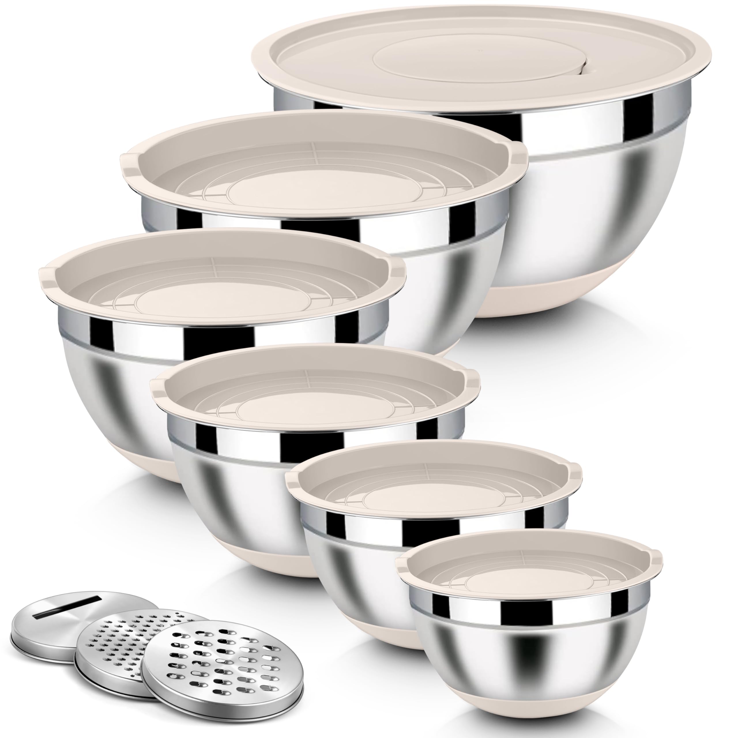 Homikit Lot de 6 saladiers en acier inoxydable avec 3 embouts de râpe, couvercle hermétique et fond en silicone, 4,6 l/2,8 l/2,5 l/1,6 l/1,2 l/0,7 l, empilables, kaki