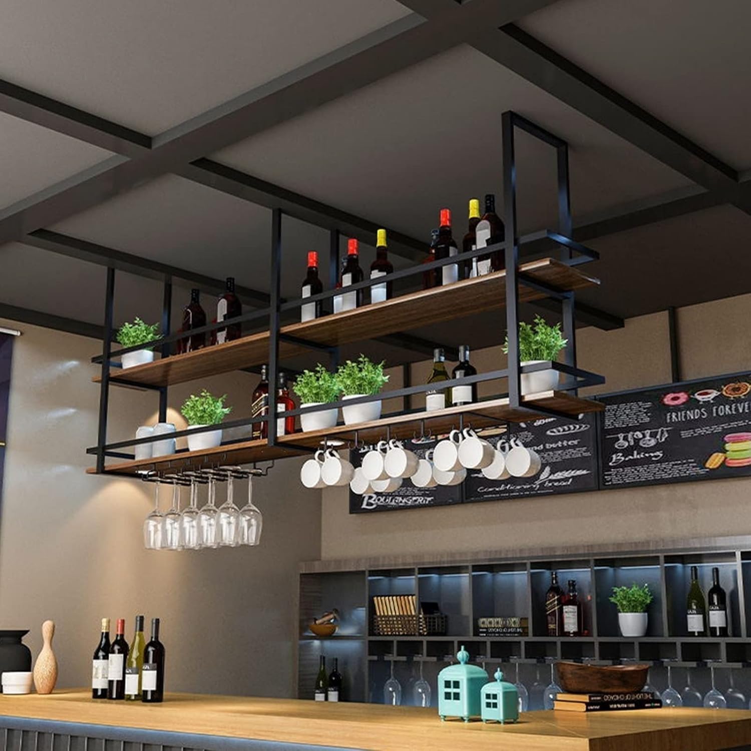 Ceiling Hanging Wine Glass Holder - Black European Hanging Plant Holder with Wall Shelf, Ceiling Shelf, and Hanging Bottle Rack for Wine Storage