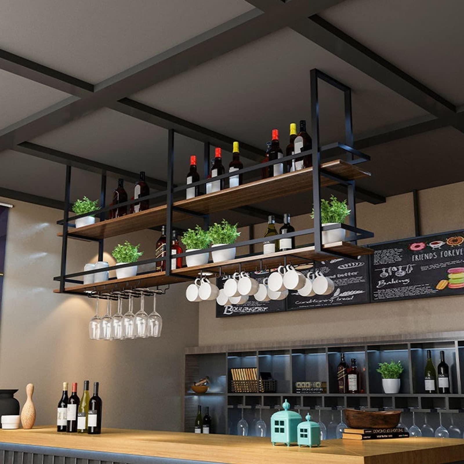 Casier à vin suspendu à 2 niveaux pour verres et bouteilles
